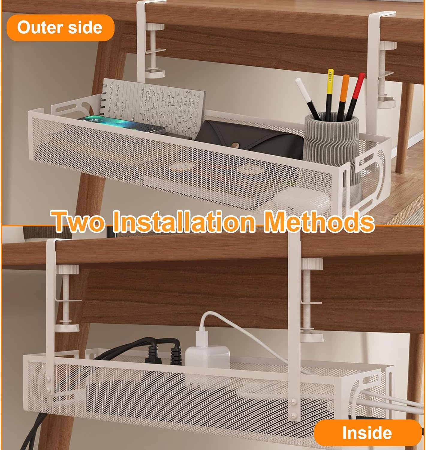 Under Desk Cable Management Tray No Drill, Metal Mesh Cable Organiser with Clamp for Desk Wire Management, Desk Cable Management Box and Cord Organizer for Office, Home (White)