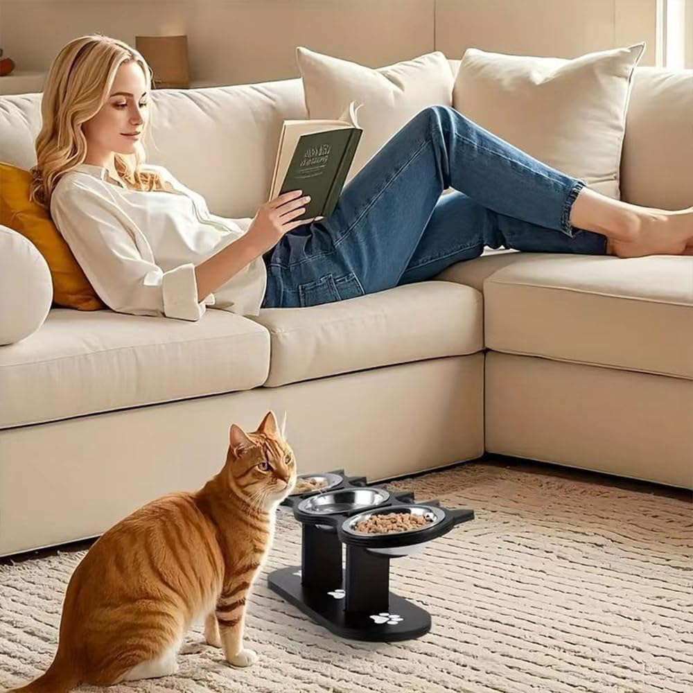 Elevated Cat Bowls with Stand &ndash; 15&deg; Tilted Raised Cat Food and Water Bowls for Indoor Cats & Small Pets, Adjustable Height Bamboo Shelf with Non-Slip Base