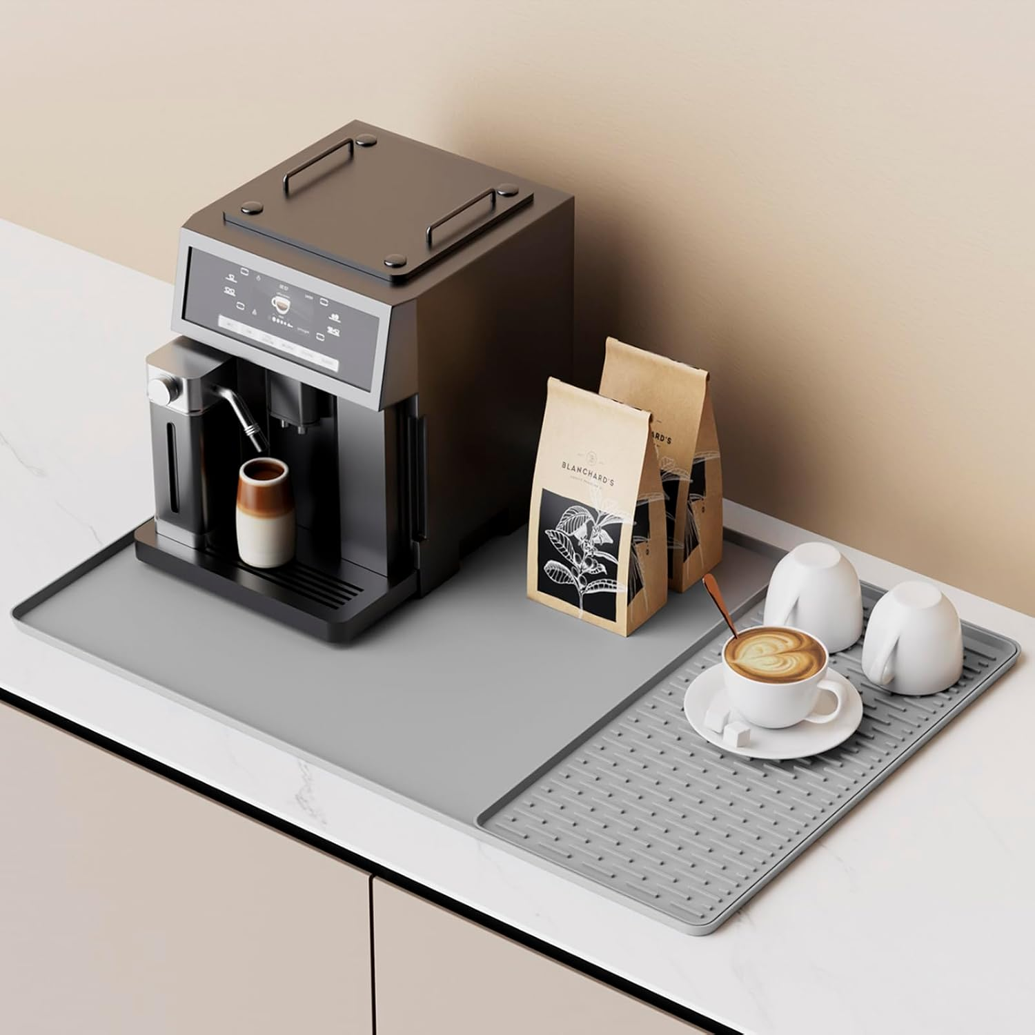 Silicone Coffee Mat with Detachable Dish Drying Mat for Kitchen Countertops, Coffee Bar, Accessories Fit under Coffee Maker Machine Coffee Pot Espresso Machine Dish Rack (Black, 40X60Cm)