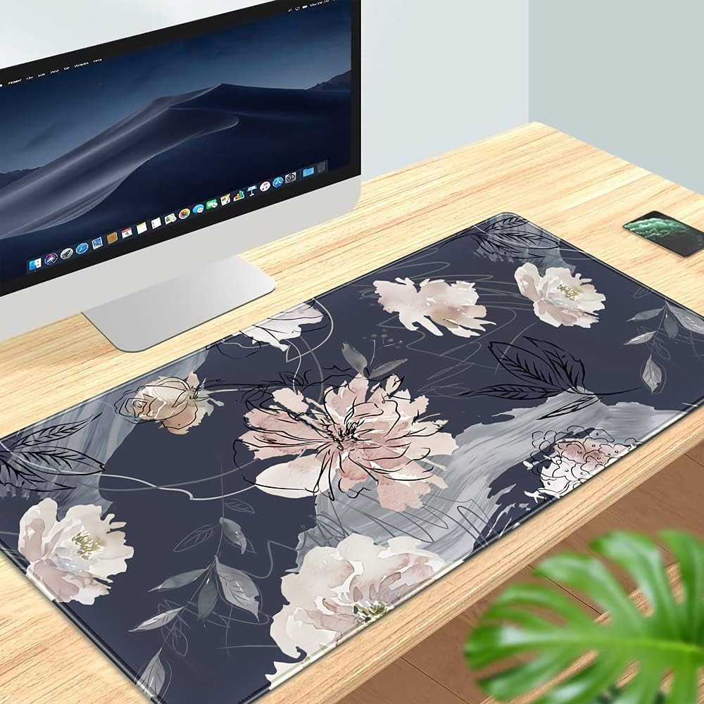 XL Mouse Pad Gaming Mouse Pad (31.5X15.7 In), Large Non-Slip Base Mousepad with Stitched Edges, Waterproof Keyboard Mouse Mat Desk Pad for Work Blue and Grey Pink White Peony &hellip;
