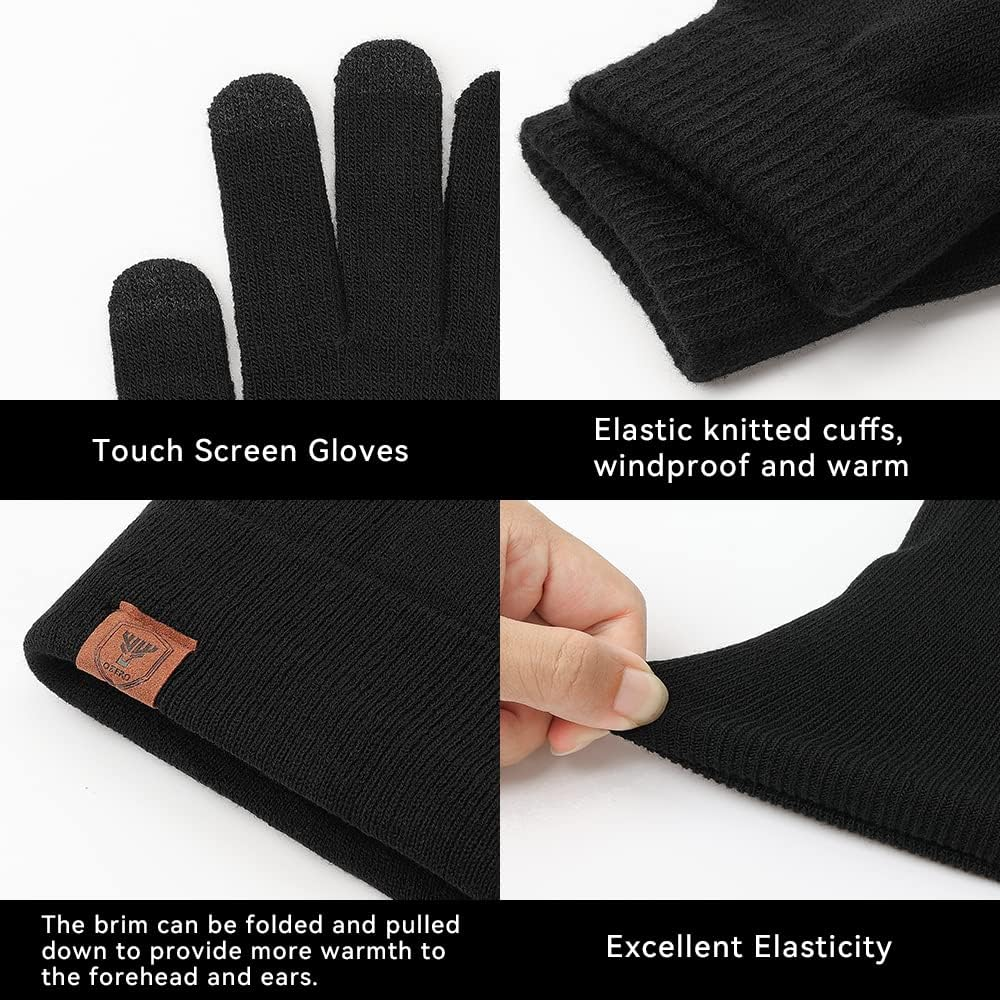 OZERO Winter Beanie Gloves Scarf Set Men and Women Scarf Gloves Set Winter Warm Knitted Beanie and Touch Screen Gloves(Black 3 Pieces) image number 1