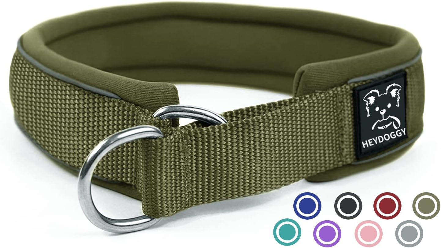 Soft Neoprene Padded Dog Collar (4 Cm Wide) Reflective Dog Collar with Robust Nylon & Pull Stop, Comfortable Pull Collar Dressage Collar for Small Medium Large Dogs Walking L, Army Green
