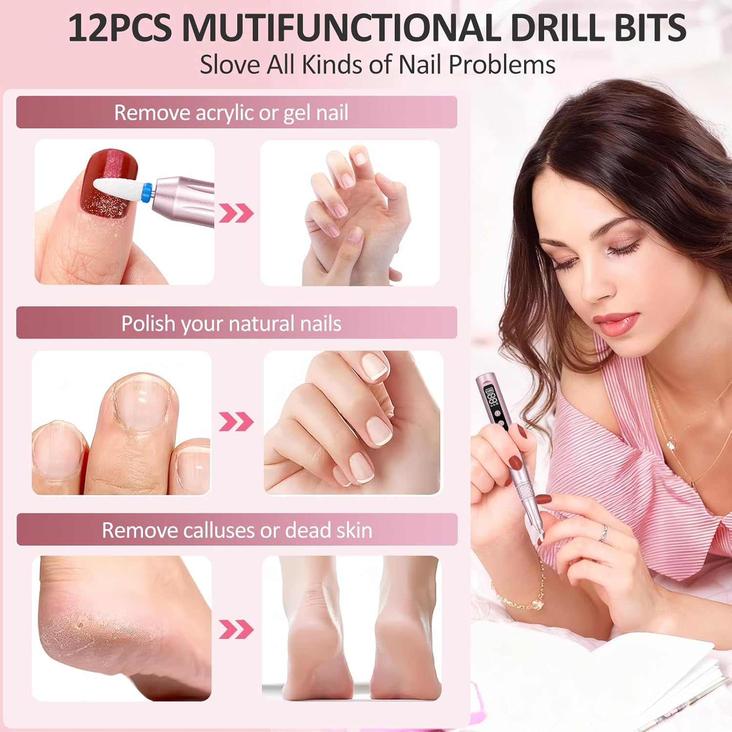 Cordless Nail Drill, Portable Nail File Efile with 12 Bits, LCD Screen & Twist Lock, 35000RPM Low Noise, Professional Nail Drill Kit for Acrylic Nails Gel Polish Manicure Pedicure Salon Quality image number 5