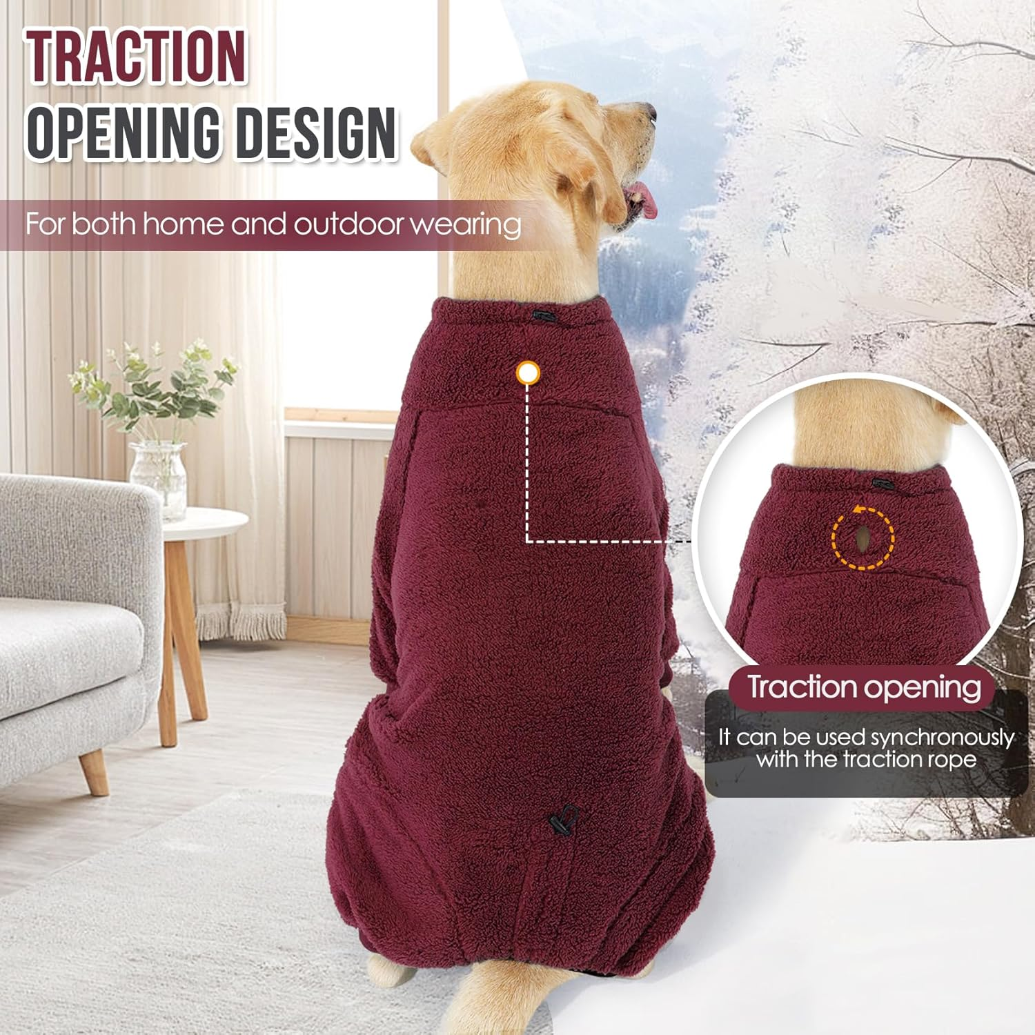 Slowton Dog Winter Coat Fuzzy Pullover Pajamas, Warm Dog Clothes Soft Pet Jumpsuit Indoor Pjs, Windproof Cold Weather Jacket 4 Legged Clothes with Leash Hole for Small Medium Large Dogs image number 3