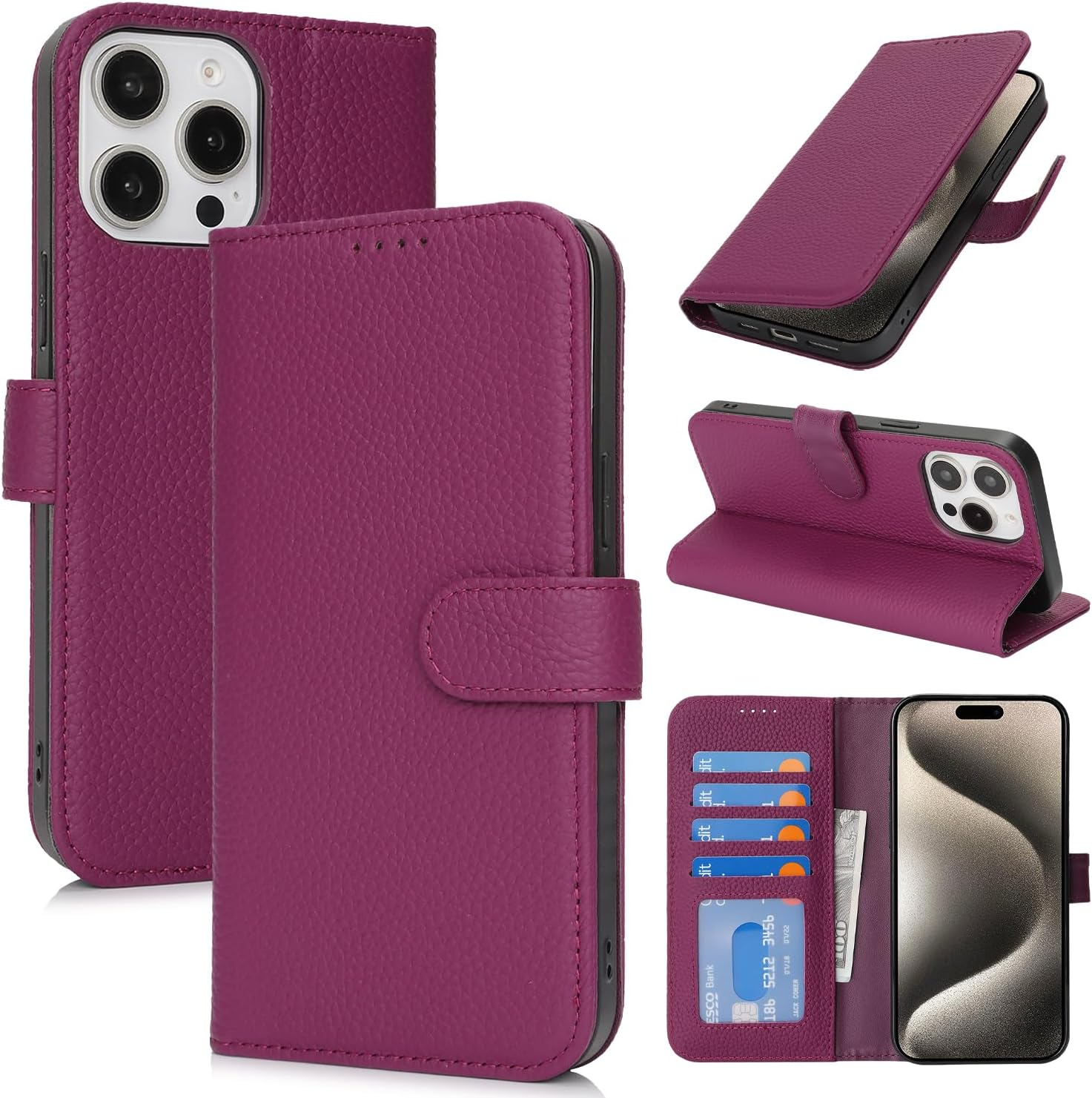 For Iphone 16E Case Genuine Leather Wallet for Iphone16E I16E Sunyoo Case Folio Porte Feuille Coque &Eacute;tui Funda Portefeuille Femmes Homme RFID Blocking Magnetic Book Flip Cover Black Red image number 3