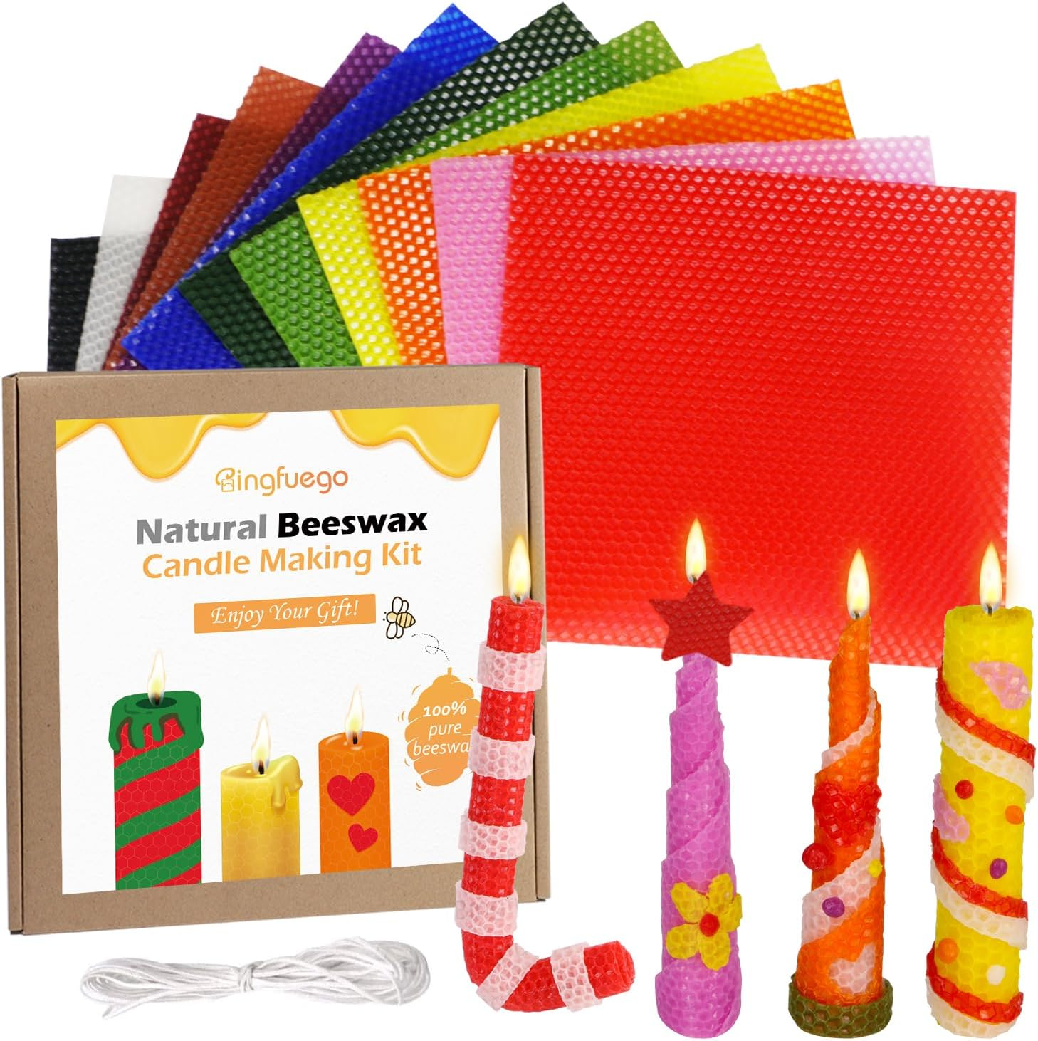 Bingfuego Beeswax Candle Making Kit for Kids-12 Beeswax Sheets for Candle Making Rolling Kits, Natural Beeswax Candle Making Kit (Bright Color, 8 X 8 Inch)