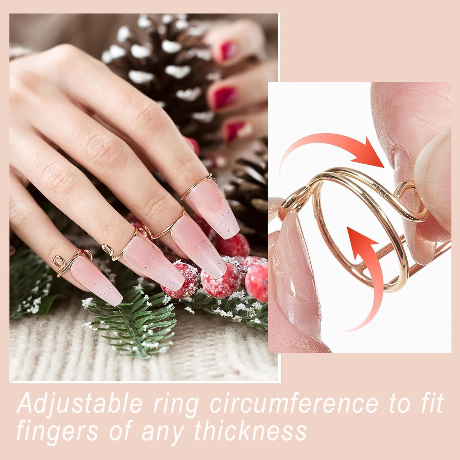 BEANPRECOY 10 Pcs Nail Art Ring Removable Nail Rings No Glue No Adhesive Nail Ring Adjustable Removable Reusable Finger Non-Tarnish Nail Ring Full Set for Women Nails Art DIY Decoration/Gold image number 6