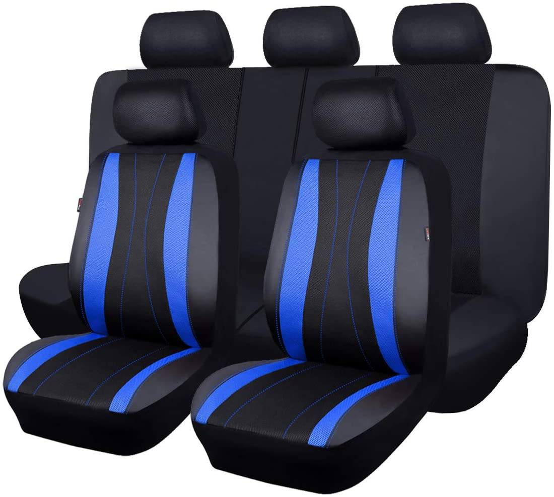 Flying Banner Car Seat Covers Full Set Faux Leather Air Mesh Breathable Man Lady Airbag Compatible Rear Bench Split 40/60 50/50 60/40 Truck Pick up (Full Set - Low Back, Black Black)