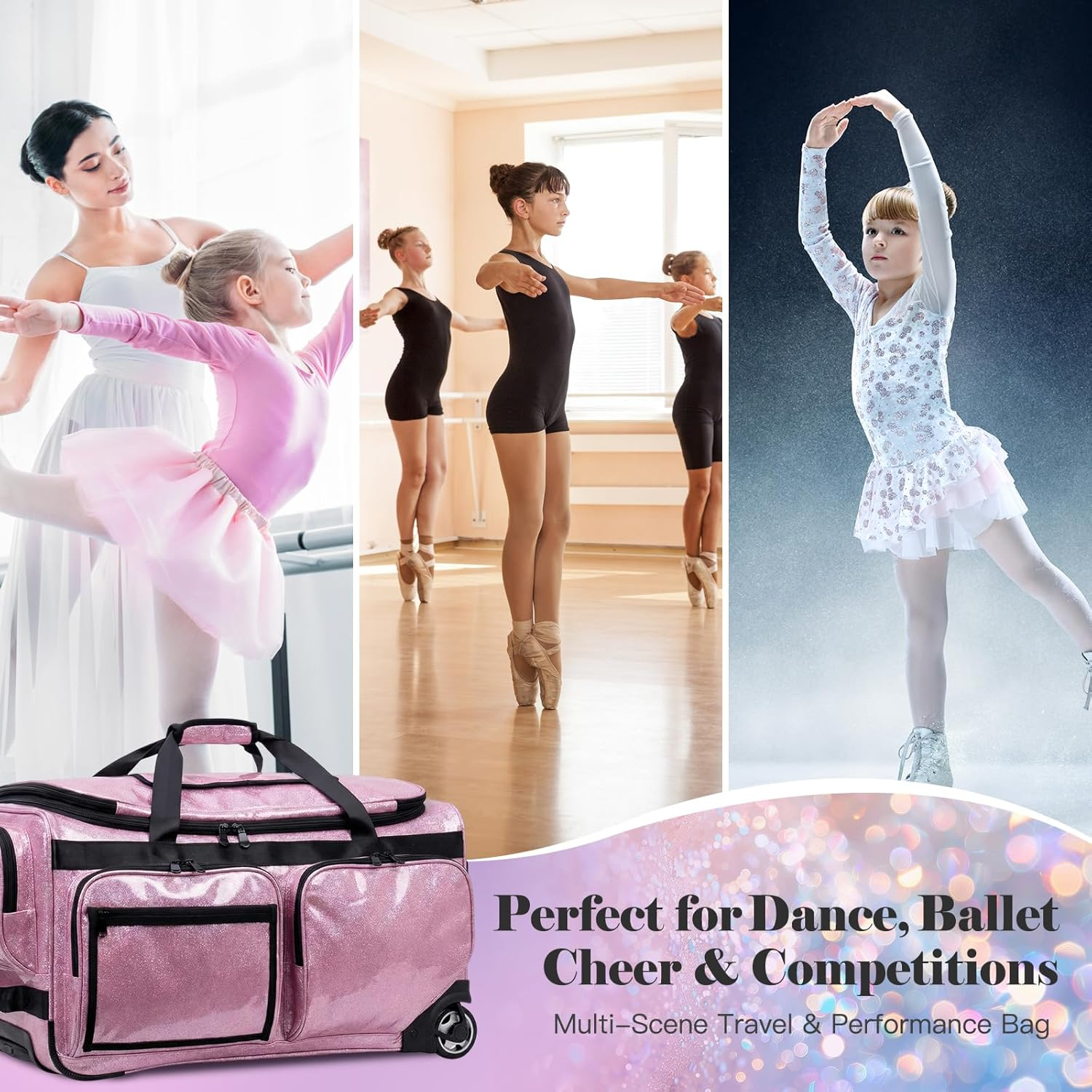 Advwin 3-In-1 Rolling Dance Bag with Instant Changing Design, Portable Garment Rack & USB Light Glitter Performance Duffel for Dancers image number 6