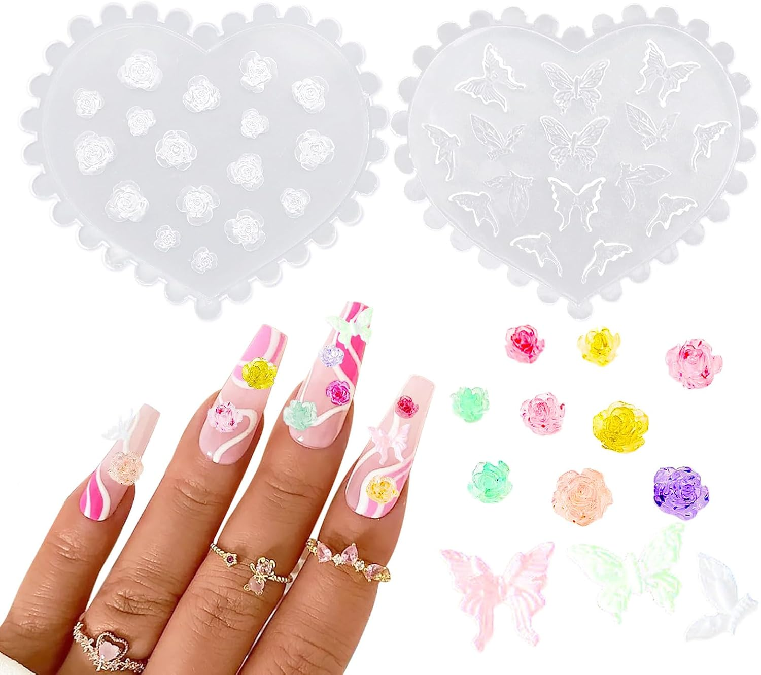 2Pcs Rose Butterfly Silicone Molds 3D Embossed Nail Art Mold Nail Charms Manicure Carving Mould Nail Stencils Spring Summer Nail Decor Transparent Mold Handmade DIY for Nail Art Supplies image number 4