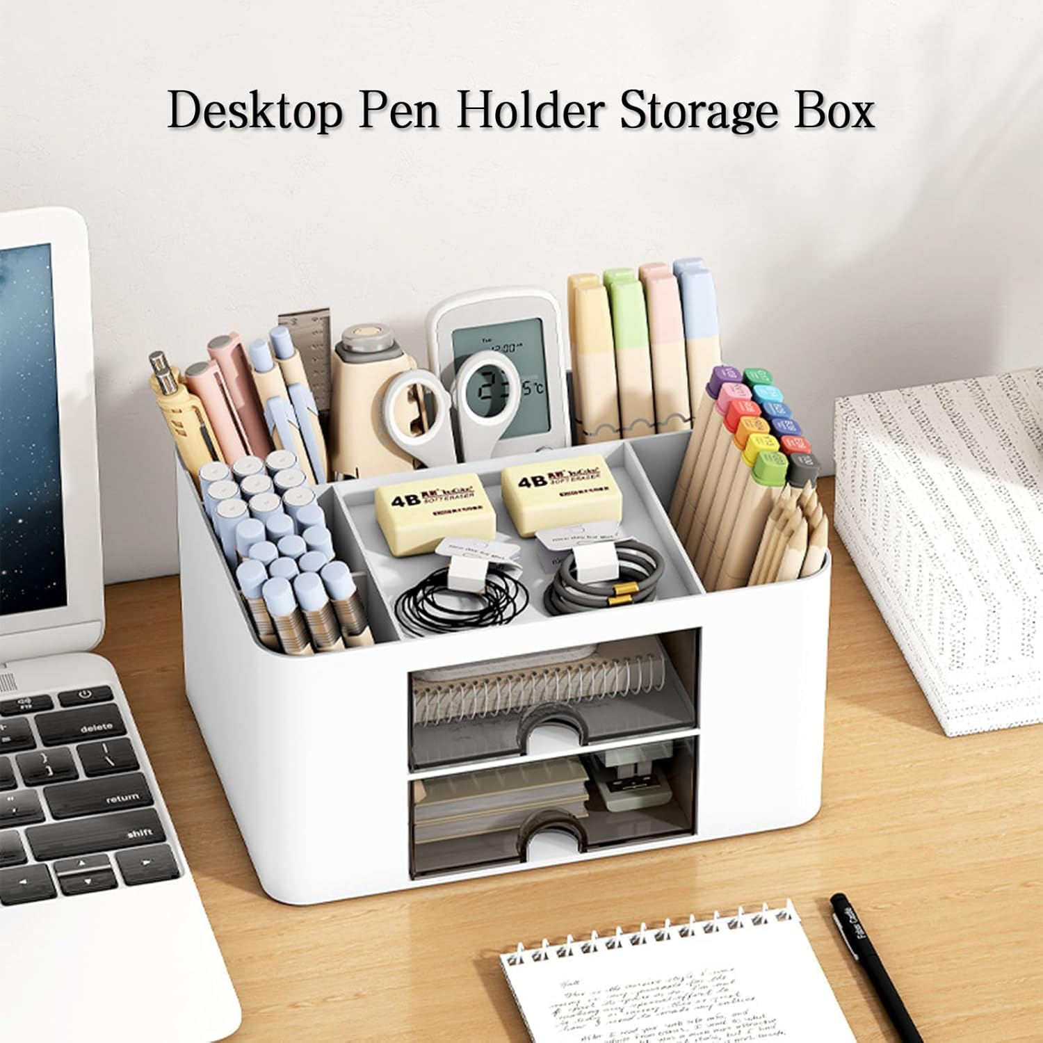 Desk Organizer with 2 Drawer and 5 Compartments, Multi-Compartment Pencil Pen Holder Drawer Storage Organizer Accessories for Office Home (White)