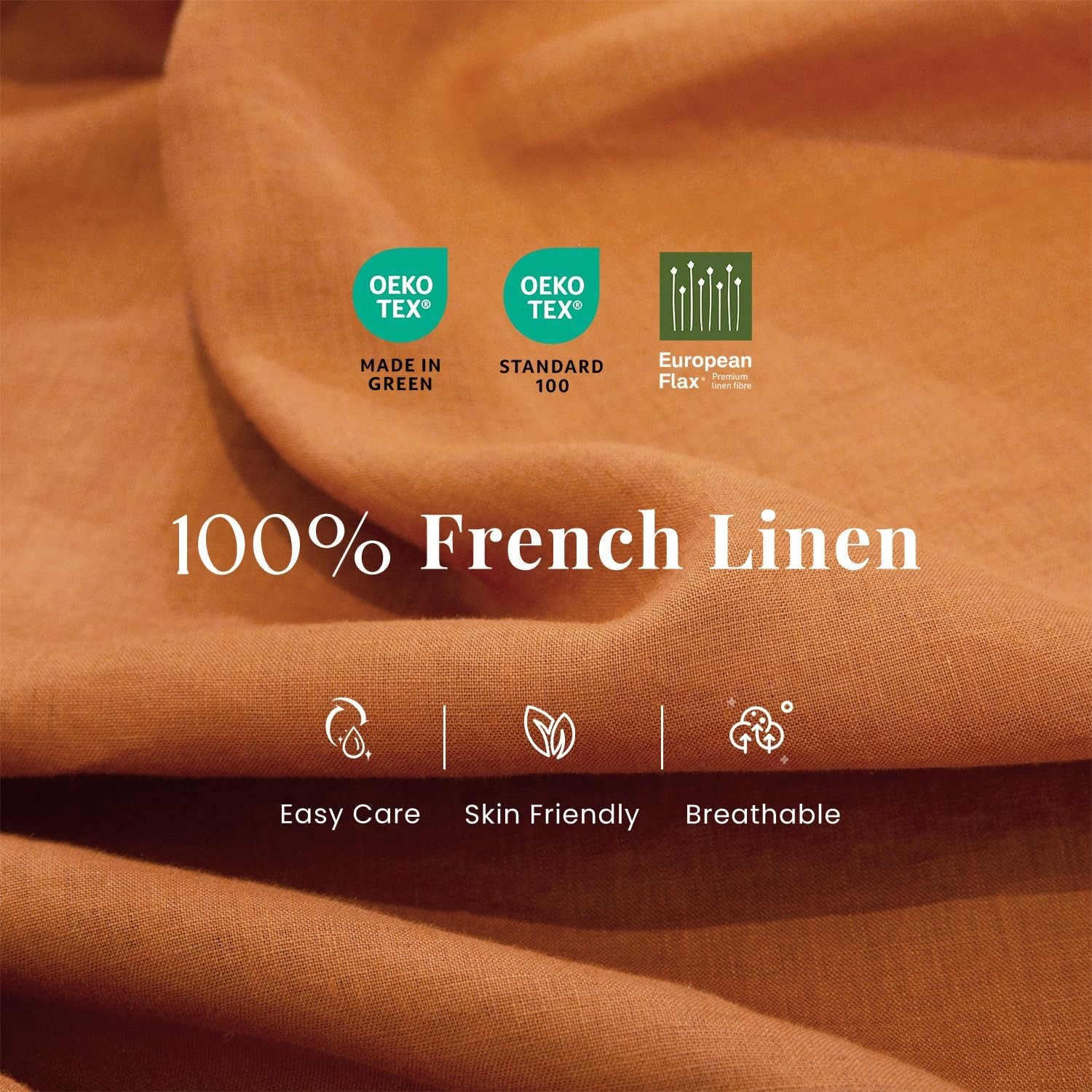 S VICTORY SYMBOL Pure Washed Linen Sheets Set Queen Size,European Flax Linen Bed Sheets(1 Flat Sheet,1 Fitted Sheet,2 Pillowcases) Breathable Soft Durable Boho Farmhouse Bedding-Pumpkin