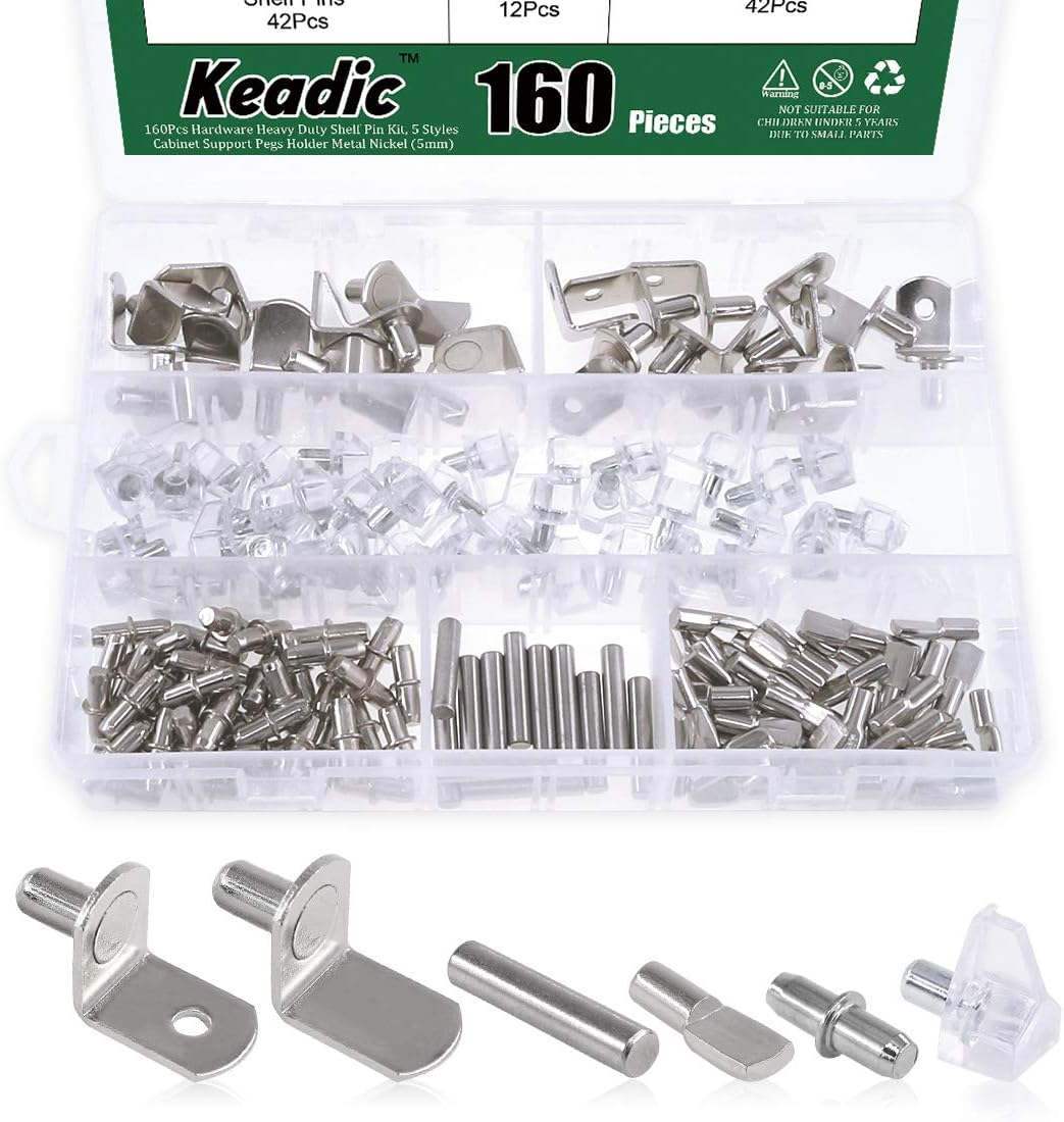Keadic 160Pcs Hardware Heavy Duty Shelf Pin Kit, 5 Styles Cabinet Support Pegs Holder Metal Nickel (5Mm) image number 1