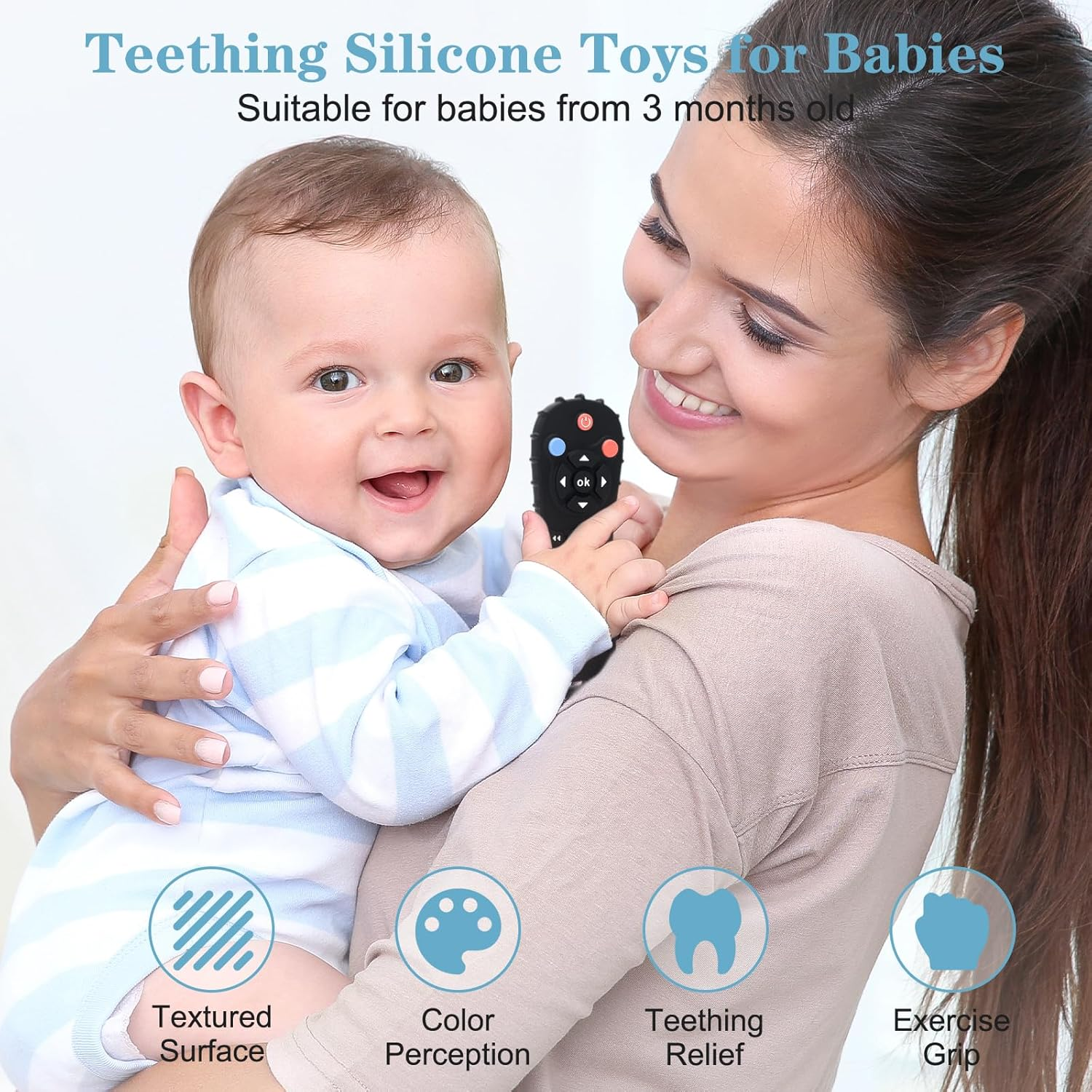 Baby Remote Teether Toys - 2 Pack Silicone Teethers for Infants 3+ Months, Bpa-Free Chew Toys with Textured Surface & Easy Grip - Soothing Gum Relief for Newborns & Toddlers (Black) image number 2