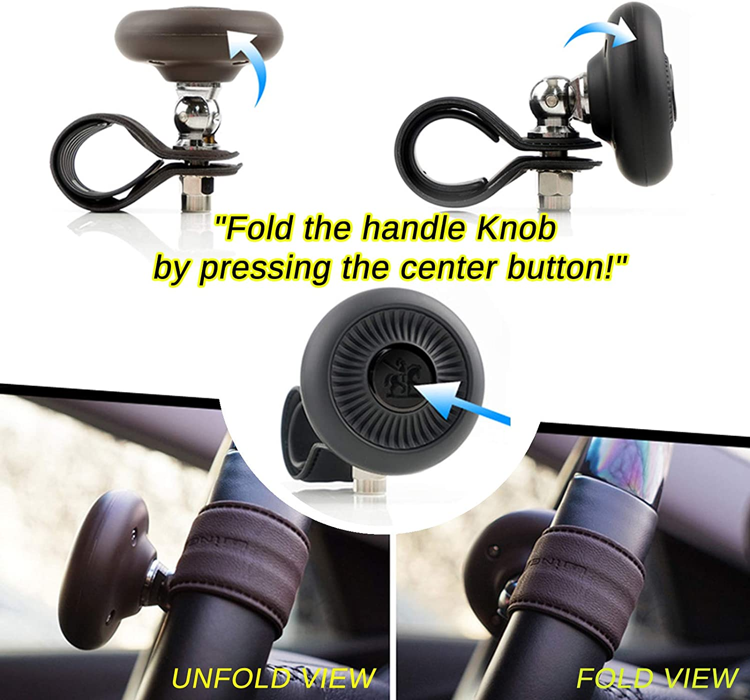 Blacksuit Car Steering Wheel One-Touch Foldable Knob Leather Power Handle Spinner Suicide Accessory Knob for Car Vehicle Truck