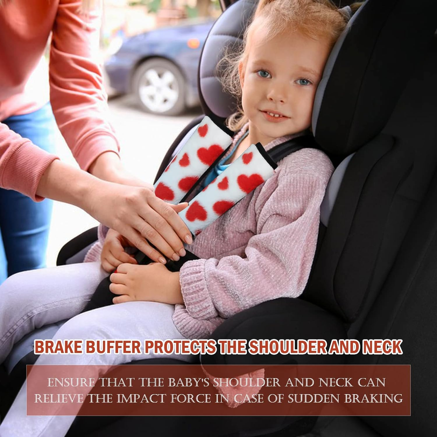 2 Pack Seat Belt Pads Soft Faux Sheepskin Love Car Seat Belt Shoulder Strap Covers Cute Seatbelt Neck Protector Cushion More Comfort Driving Compatible with All Cars and Backpack Fits Women Red - Red image number 2