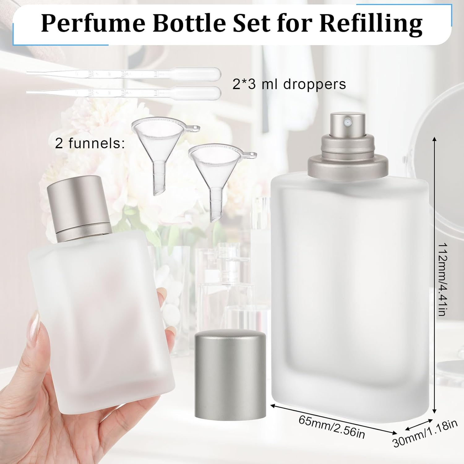 Pack of 2 Empty Perfume Bottles, 100 Ml, Perfume Bottle for Filling, Matte Perfume Atomiser, Spray Bottle, Perfume Refillable with Dropper, Funnels, Perfume Glass Bottles for Travel Party (Grey) image number 4