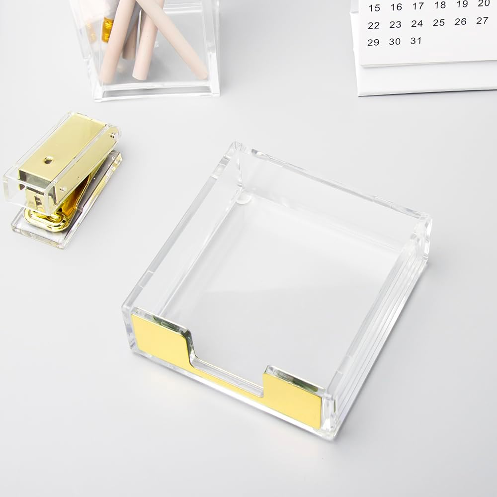 Natsumebasics Gold Sticky Note Holder Clear Acrylic Yellow Post Note Pad Holders Memo Dispenser Case for Desk Office School Aesthetic Supplies Accessories (Pure Gold)