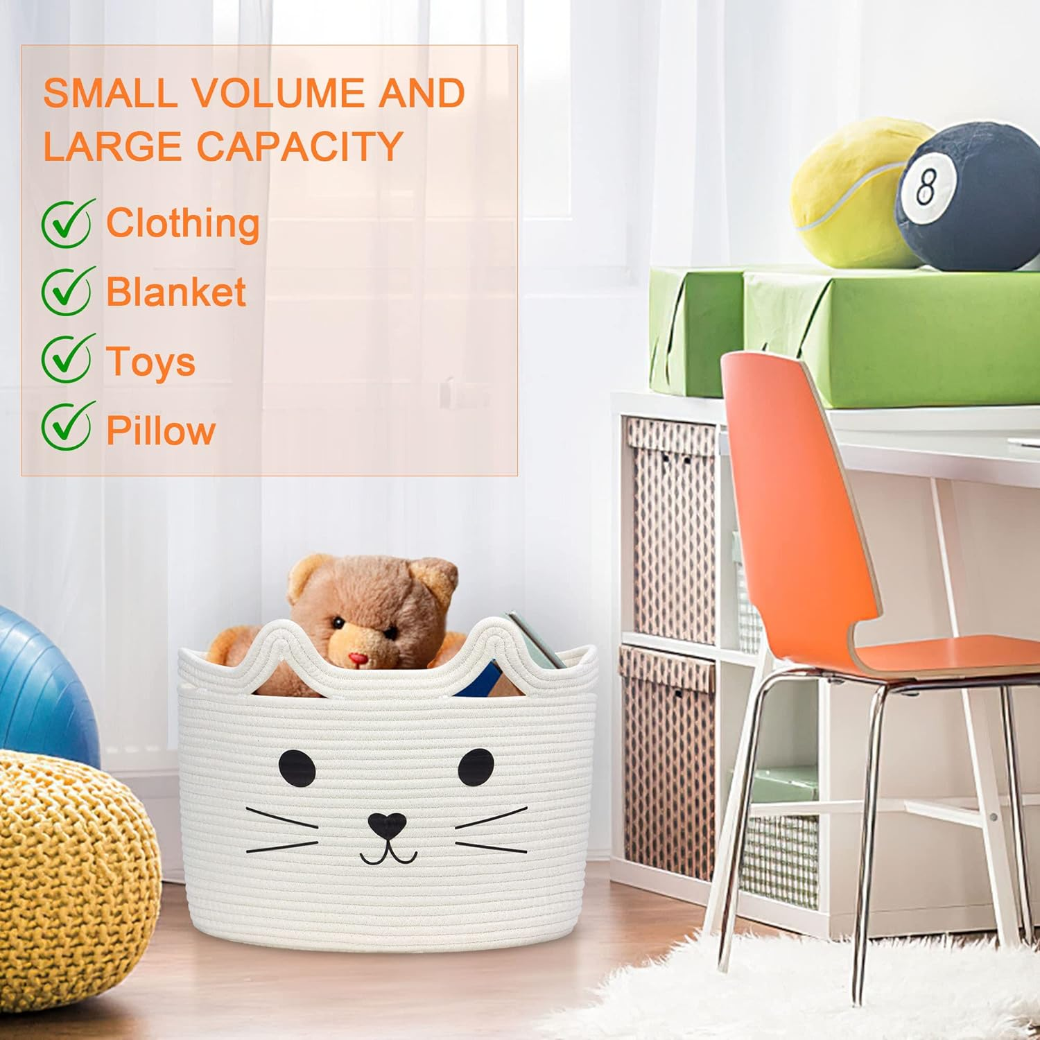 Toy Storage Basket, Kids Laundry Basket Foldable, Baby Hamper Woven Rope Basket for Nursery Cat Decor Bedroom, Toy Storage Box for Boys Girls Dog Cat(Cat,L) image number 5
