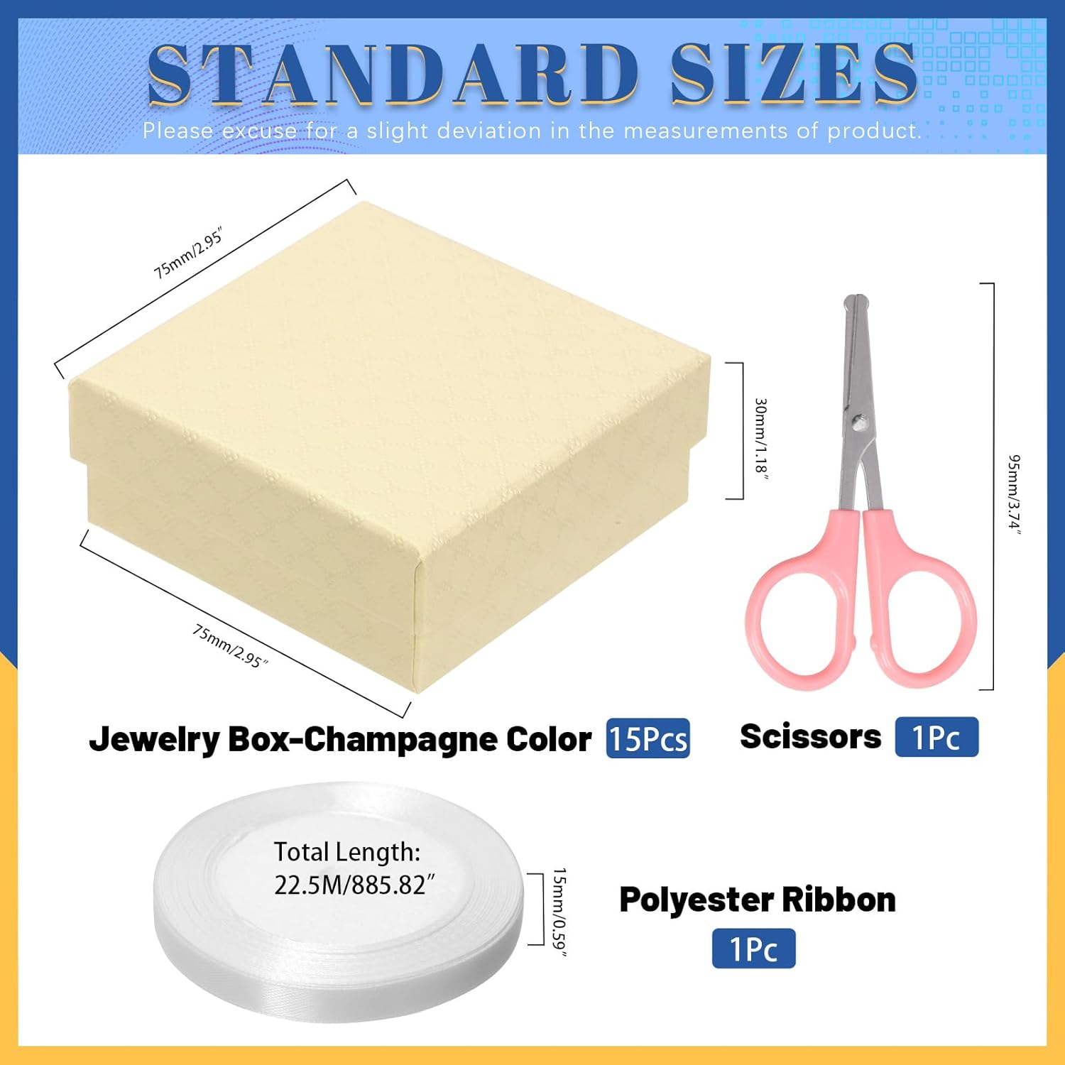 Glarks 17Pcs Champagne Color 2.95 X 2.95In Jewelry Gift Boxes with Pink Scissors and White Polyester Ribbon Set, Diamond Pattern Necklace Earring Bracelet Boxes Gift Case Ideal - Dark Blue image number 4