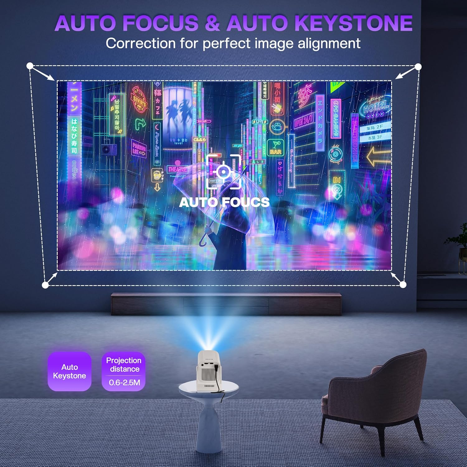 Advwin Mini Projector 4K Support, Full HD 1080P Portable Video Projector, with Dual Band Wifi 6 BT5.4, 200 ANSI, 270&deg; Rotatable, Auto Focus & Keystone, 130" Movie Projector for Phone/Windows/Hdmi - White image number 5