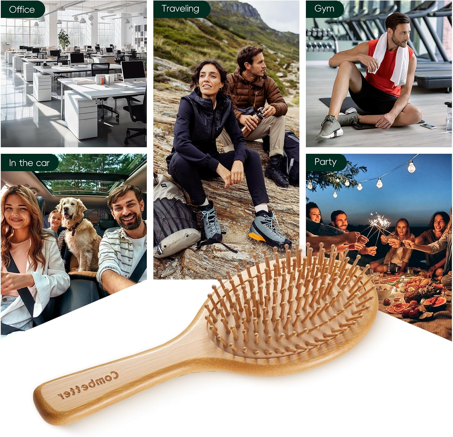 Bamboo Hair Brush Set, Natural Wooden Paddle Detangling Hairbrush, Eco-Friendly & Bakelite Durable Wide-Tooth Comb & Rat Tail Comb for Women, Men, Kid image number 3