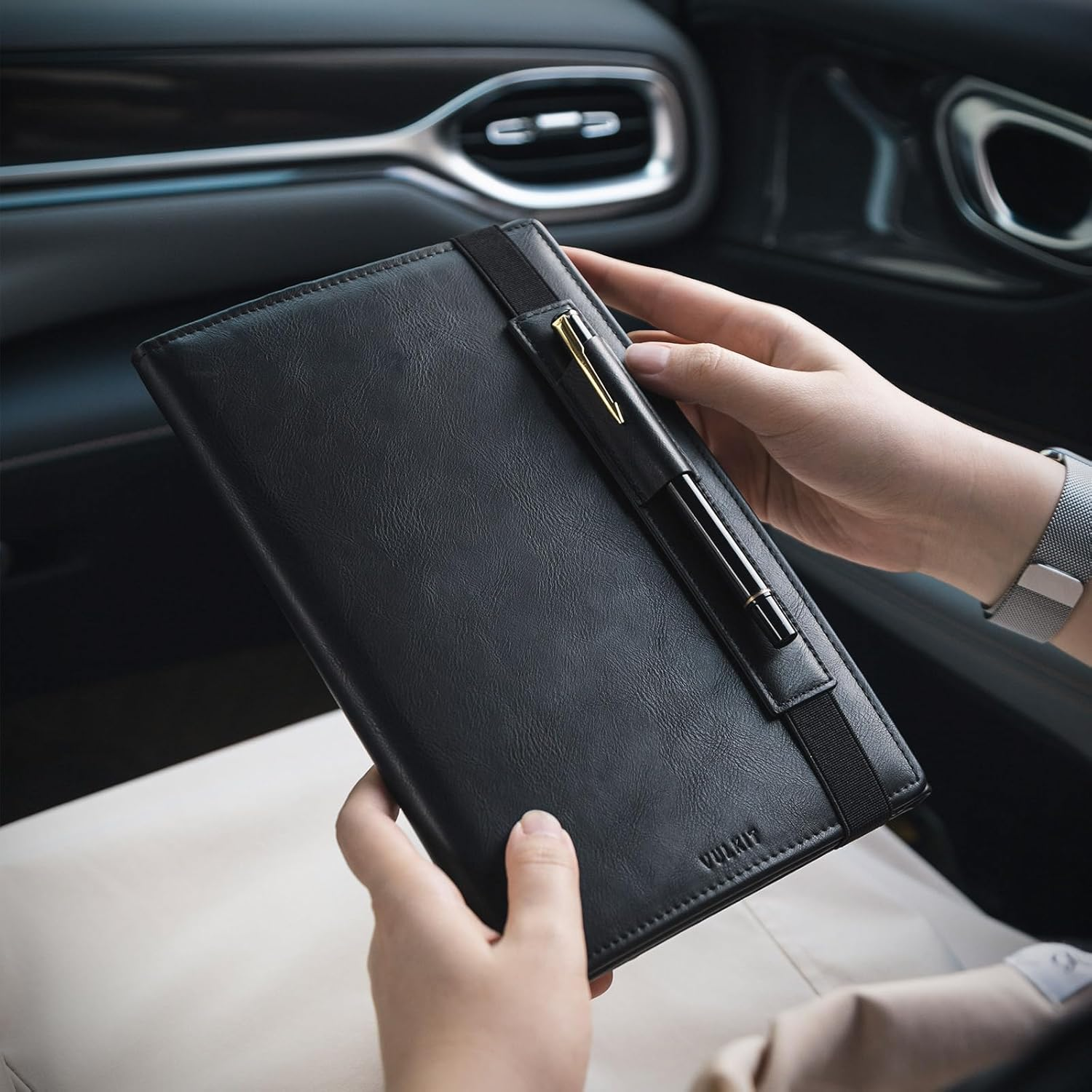 VULKIT Car Registration and Insurance Card Holder Vehicle Glove Box Organizer Leather Tri-Fold Design for Car Keys, ID Holder, Essential Documents Black image number 5