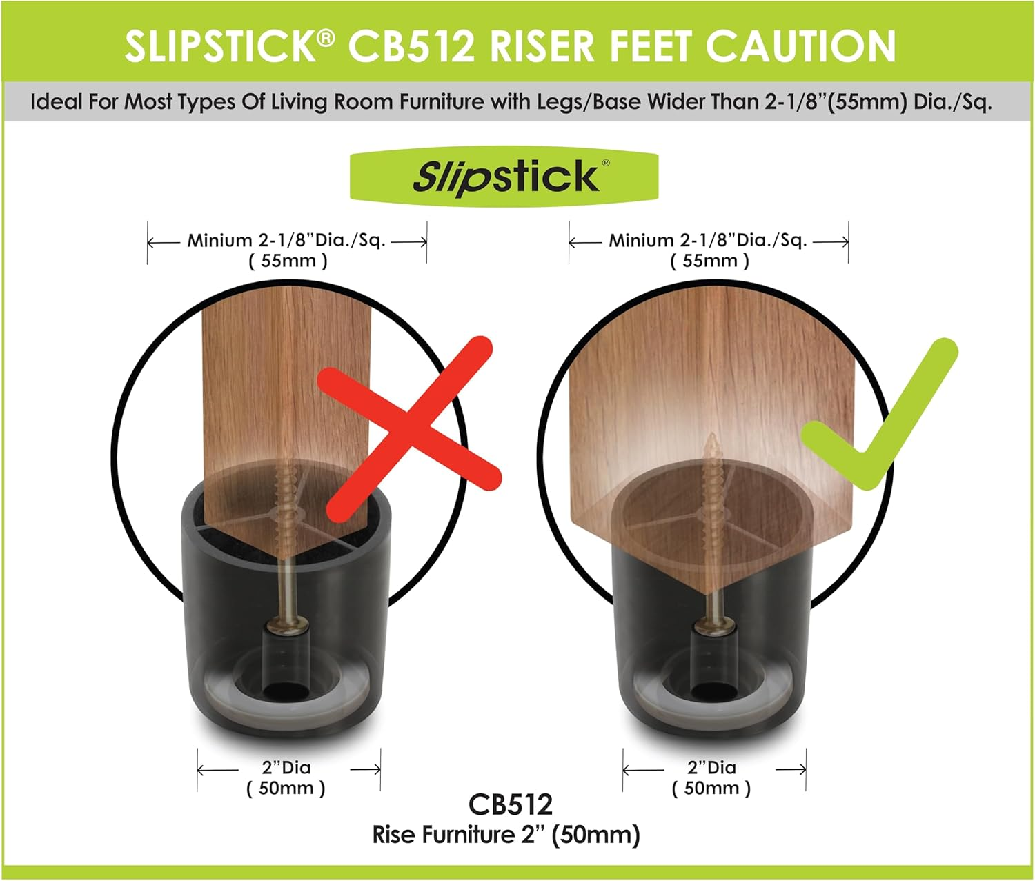 Slipstick CB512 2 Inch Tall Floor Protector Furniture Legs with Non Slip Rubber Grip (Set of 4) 2" Wide X 2" Height - Black Plastic image number 2