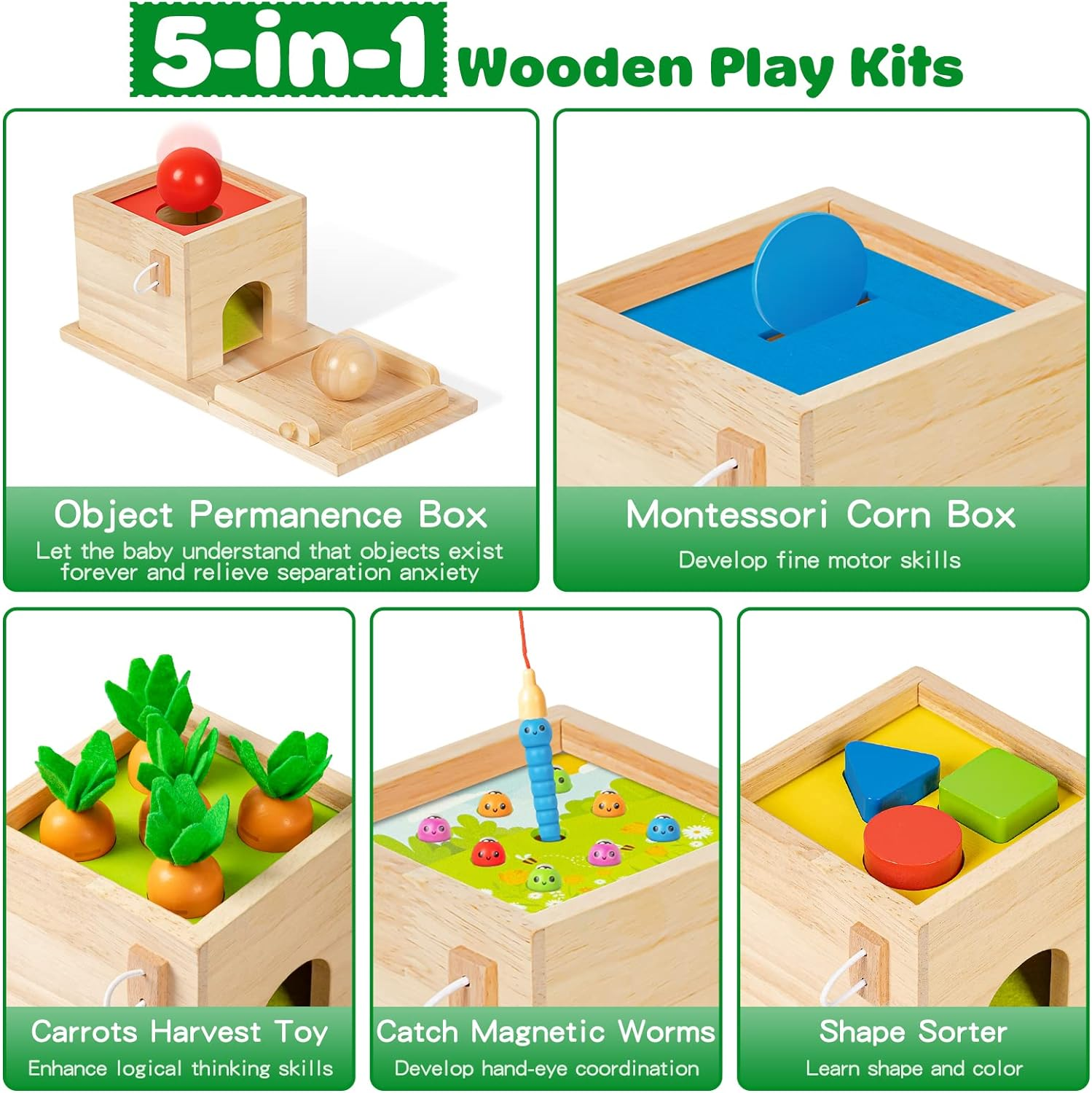 Wooden Montessori Toys for 1 Year Old, 5-In-1, Object Permanence Box, Coin Box, Carrot, Catch Worm, Shape Sorter, Learning Toy for Toddler Aged 1, 2, 3 Year Old Boys Girls image number 6