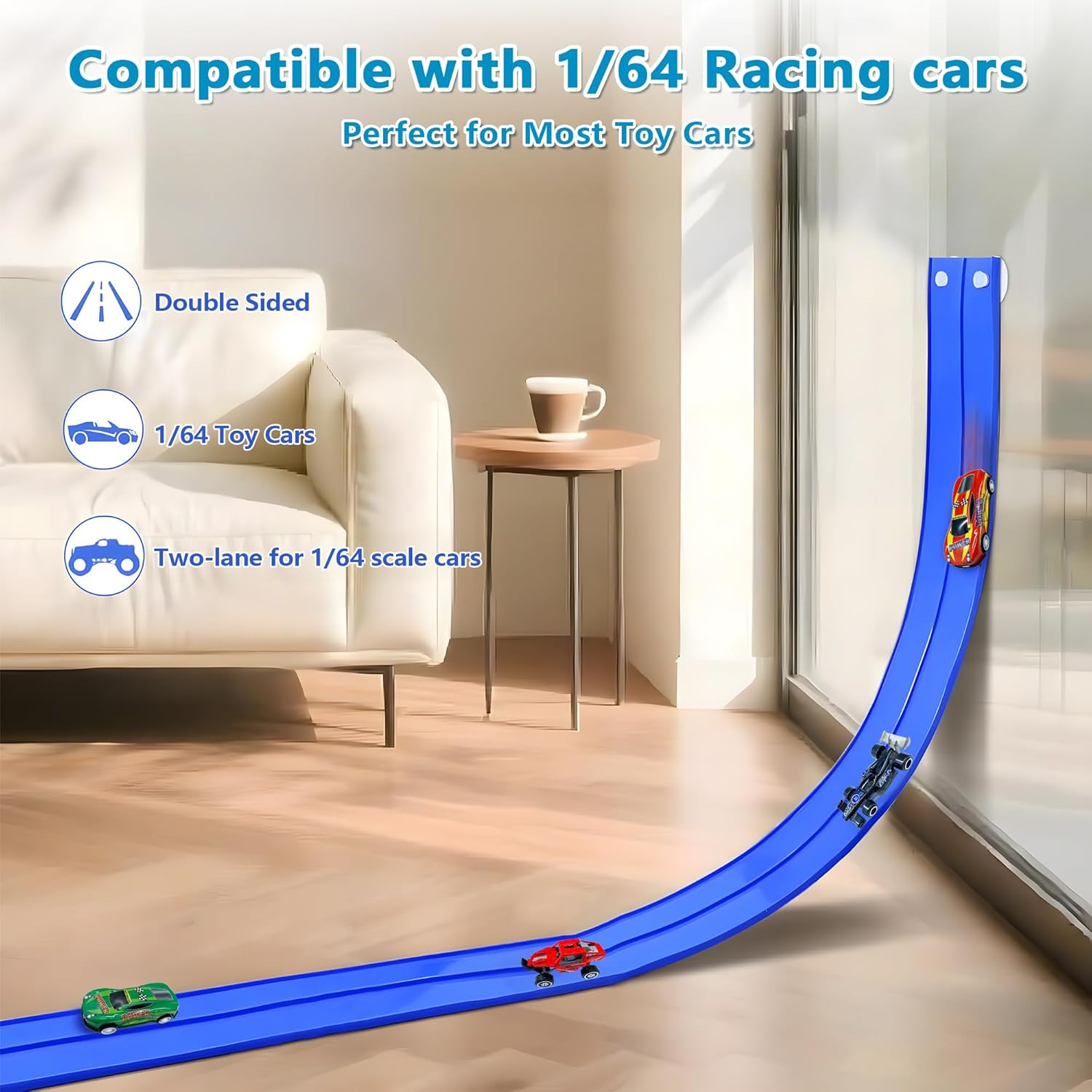 16Ft /500Cm Flex Tracks Car Track Set &ndash; Flexible Race Car Ramp Track with 6 Small Racecars &Suction Cups, Compatible with Hot Wheels &1:64 Diecast Vehicles, Portable Roll-Up Racetrack for Kids Ages 3+ - Red image number 4