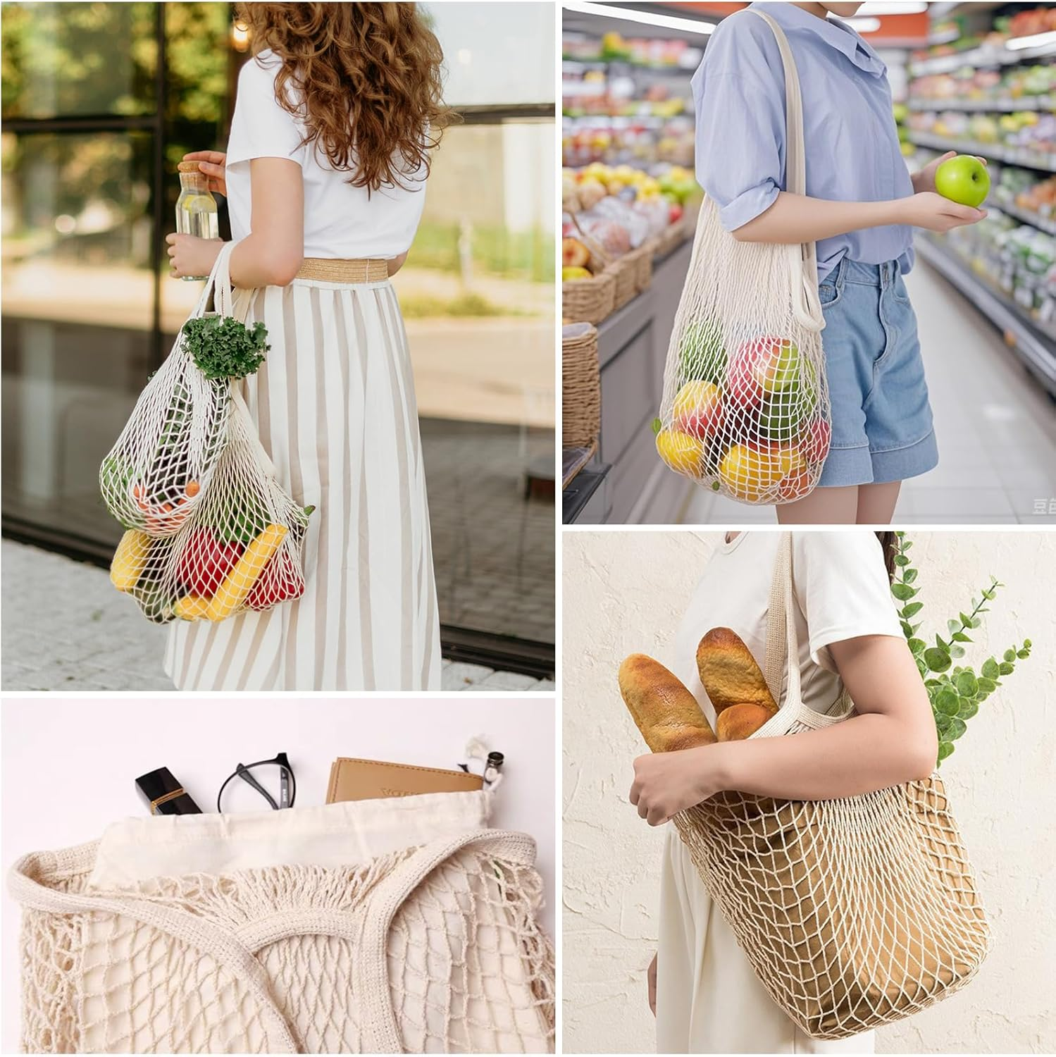 Mesh Grocery Bags 2 Pack Reusable Shopping Bags Extra Large Produce Bags Long Handle Net Tote Bags 100% Cotton String Bags Lightweight Organizer Portable Washable Bags for Fruit Vegetable Storage image number 1