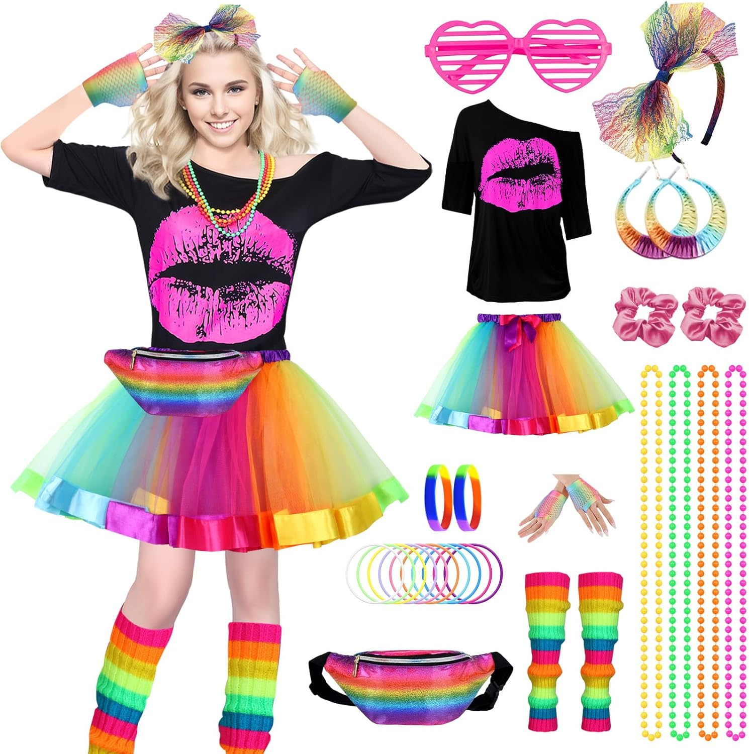 80S Fancy Dress for Women 80S Costume Accessories Set Lips Print T-Shirt Adult Tutu Skirt Lace Headband Neon Earrings Necklace Leg Warmers Fishnet Gloves Bracelet for Party