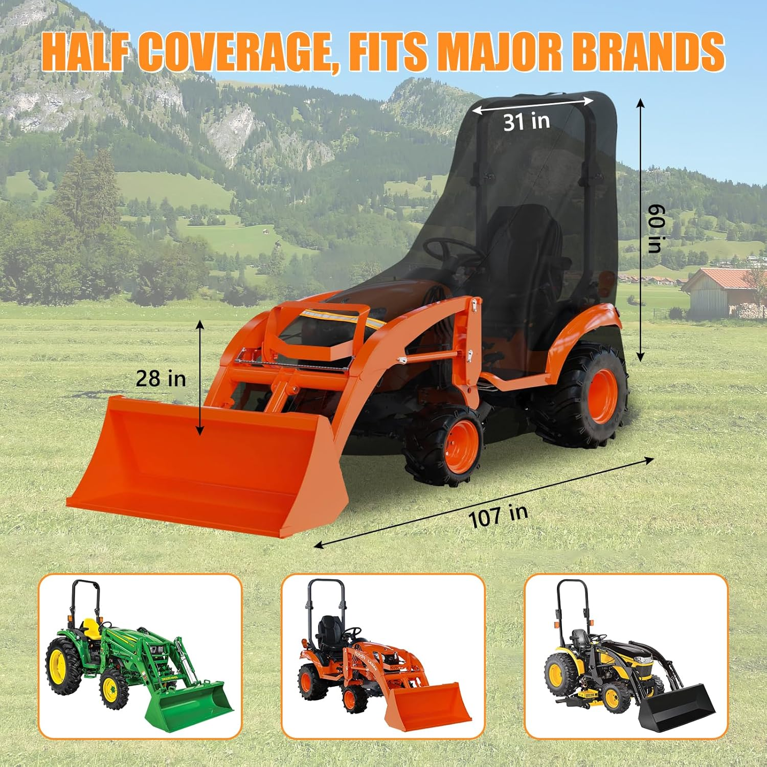 Tractor Cover, Heavy Duty 600D PU Waterproof & UV Resistant Lawn Tractor Cover - 107"L X 31"W X 35"H Half Coverage, Universal Fit for John Deere, Toro, Craftsman, Kubota - Elastic Hem, Buckle Straps image number 2