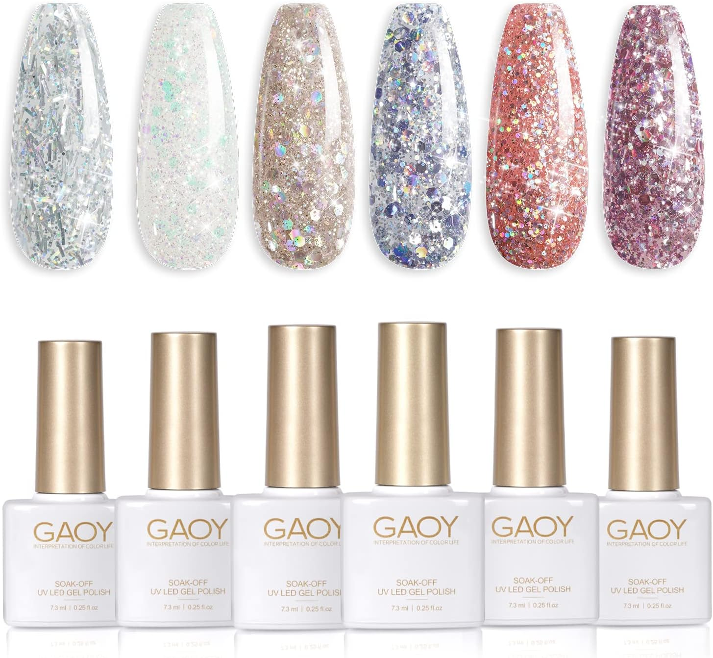 GAOY Glitter Inspire Gel Polish Kit Set, 6 Colors Including Pink Nude UV LED Soak off Nail Polish Home DIY Manicure Nail Salon Varnish image number 2