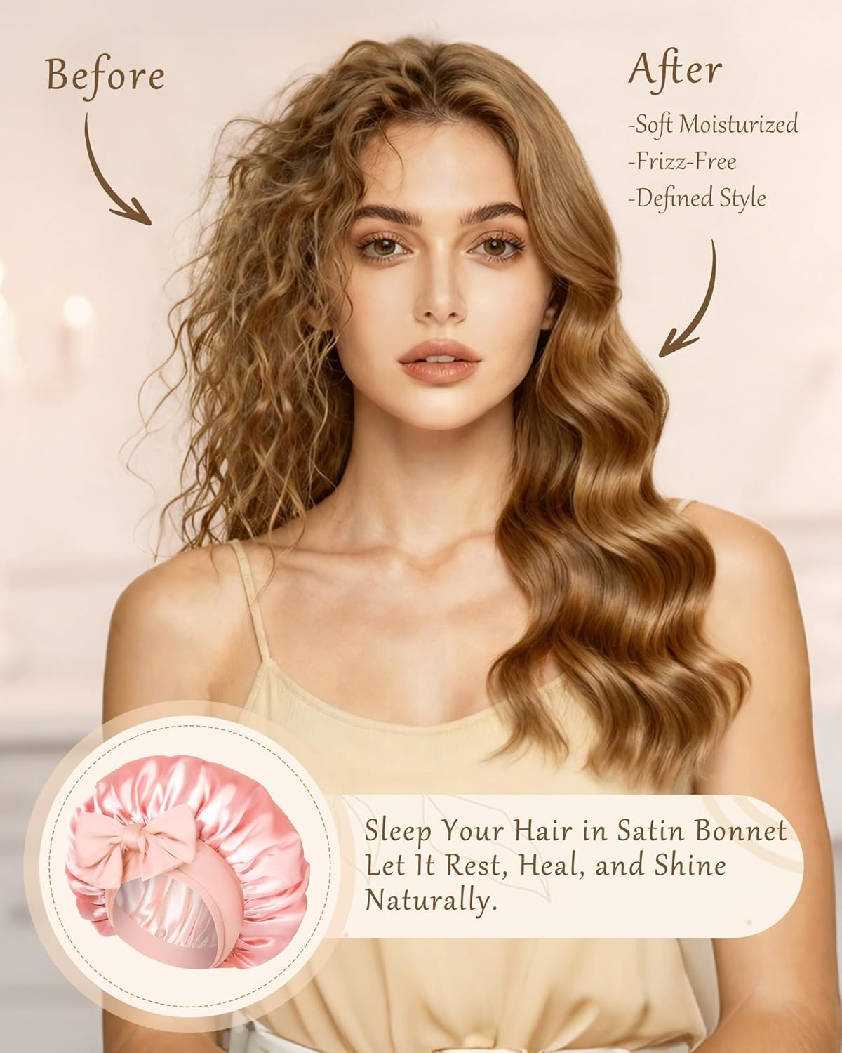 Reversible Satin Bonnet for Sleeping Women Double Layer Hair Bonnet with 2PCS Hair Scrunchies Elastic Tie Band Night Cap, Apricot Powder+Champagne - Bean Paste + Pink image number 4