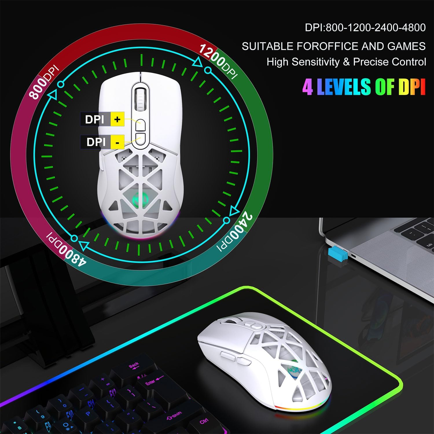 Anberyoo Wireless Gaming Mouse, BT5.1 + 2.4G Dual Mode 7-Button Esports Gaming Mouse with USB Receiver, up to 4800 DPI, Rechargeable RGB Backlight Wireless Mouse for Mac, Laptop, Computer, PC (Black) - Black image number 2