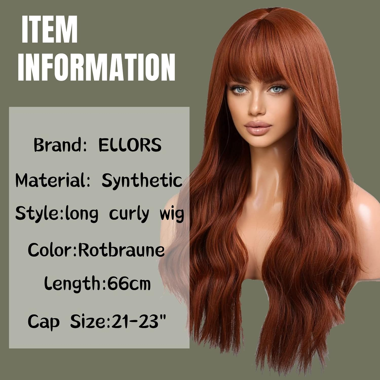 Long Wavy Red Brown Wig Copper Ginger Long Hair Micro Volume Wigs with Natural Wave with Fringe, Natural Looking Synthetic Wig for Daily/Party/Role Play 66 Cm