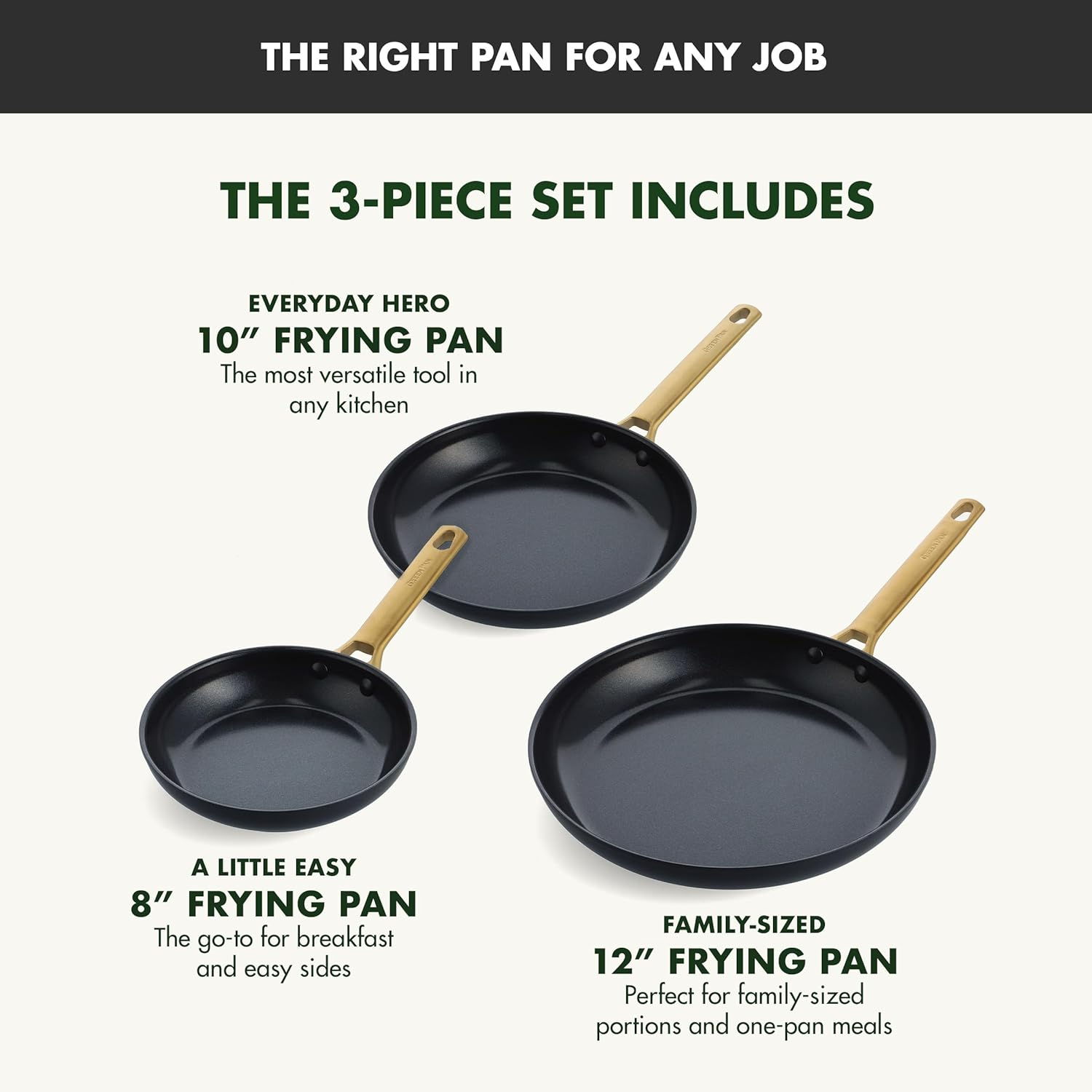 Greenpan Reserve Hard Anodized Healthy Ceramic Nonstick, 8" 10" and 12" 3 Piece Frying Pan Skillet Set, Gold Handle, Pfas-Free, Dishwasher Safe, Oven Safe, Black image number 4