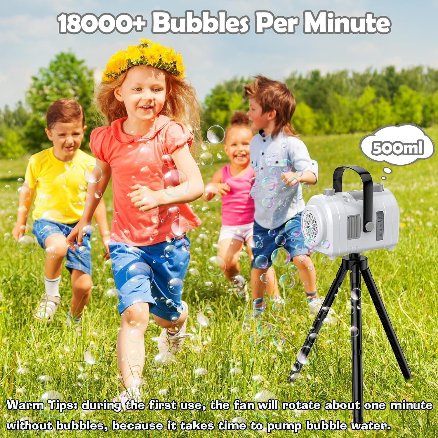 Bubble Machine Large Capacity, Automatic Kids Bubble Blower with 10 Holes 2 Speeds 17Oz/500Ml, Rechargeable Portable Bubble Toy with Tripod for Indoor, Outdoor, Birthday, Parties (White) image number 3