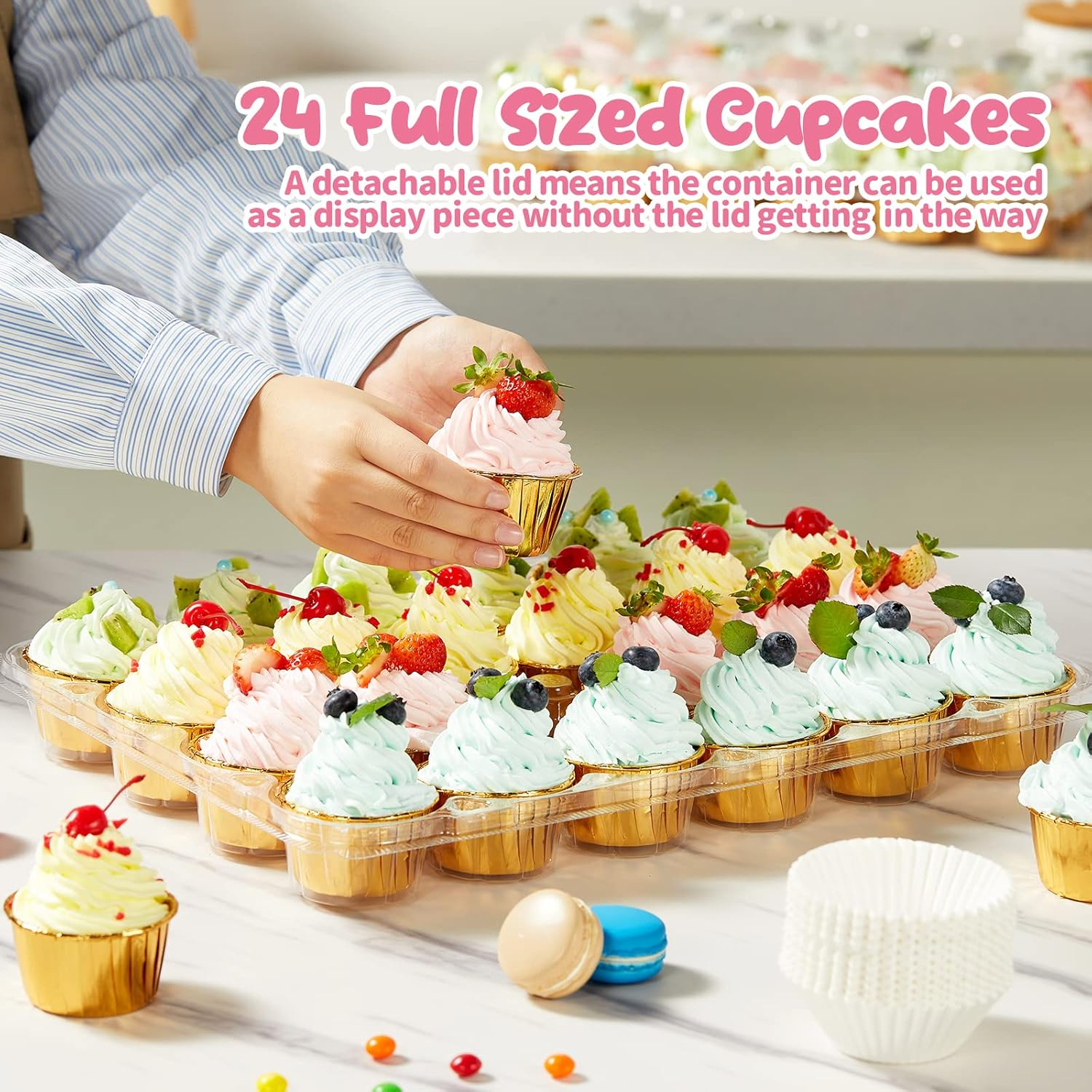 Gencywe (24 Pack X 10 Sets) Stackable Cupcake Carrier Holders with 240 Pack Cupcake Liners, Plastic Cupcake Boxes Holders for 24 Cupcakes, High Tall Dome Lid Cupcake Containers, Clear Disposable Cupcake Trays image number 2