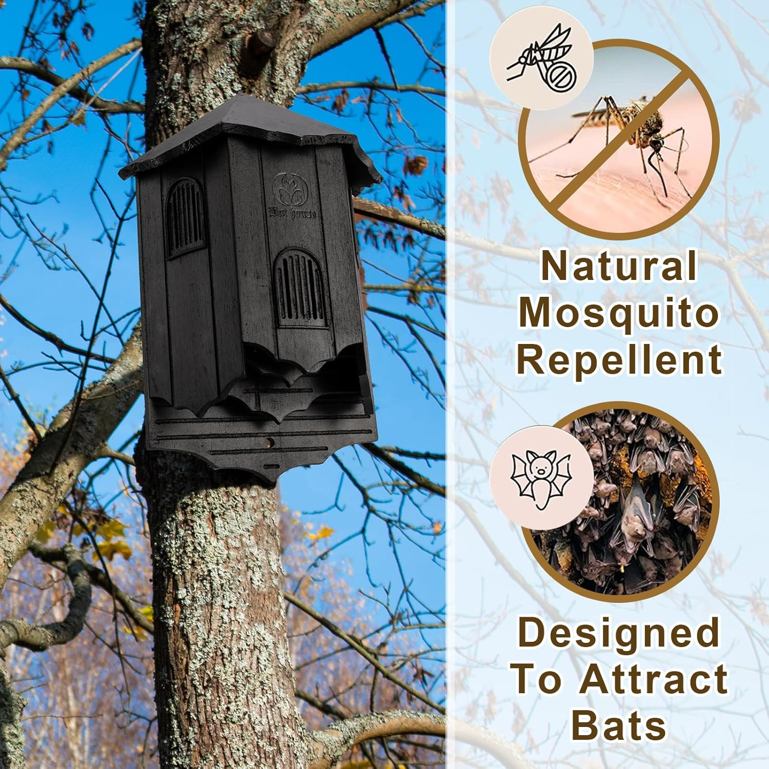 Wooden Castle Bat Houses for outside Bat Box for Outdoors - Large Three Chamber Box Perfectly Designed to Attract Bats - Durable and Easy to Hang(Bat House Ⅰ Black) image number 6