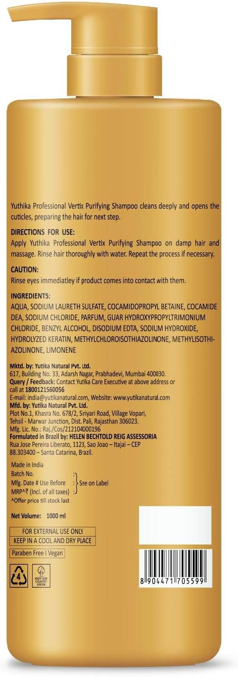 Yuthika Professional Vertix Hydrolyzed Keratin Purifying Shampoo for All Hair Types 1000Ml I Deep Cleansing, Removes Dirt, Impurities & Strengthens image number 6