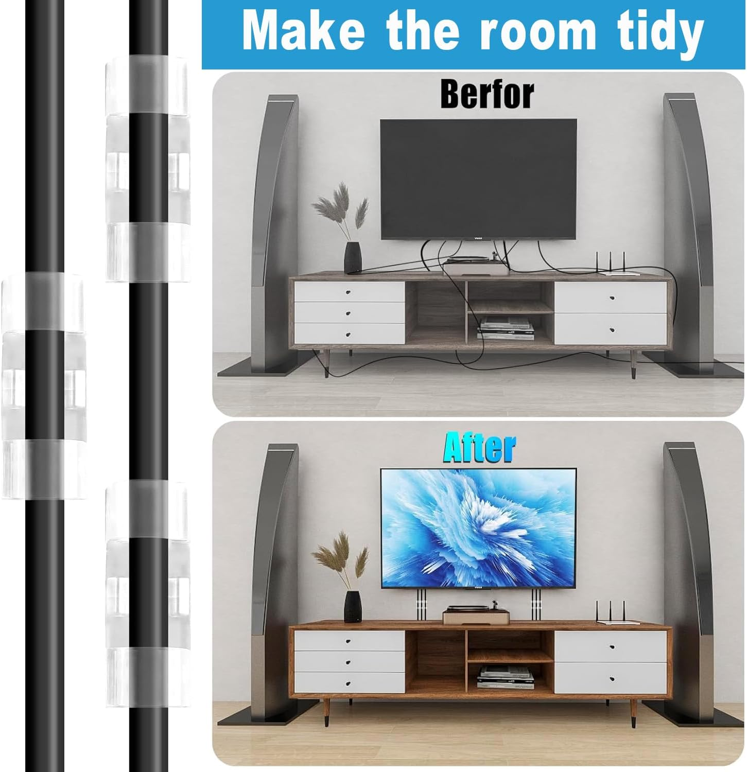 BEANPRECOY 80 Pcs Cable Clips Strong Clear Self Adhesive Cable Clips Cable Tidy Clips Durable Strong Cable Clips Cord Management for Wall Strong Cord Organizer under Desk Car Light Indoor Outdoor image number 2