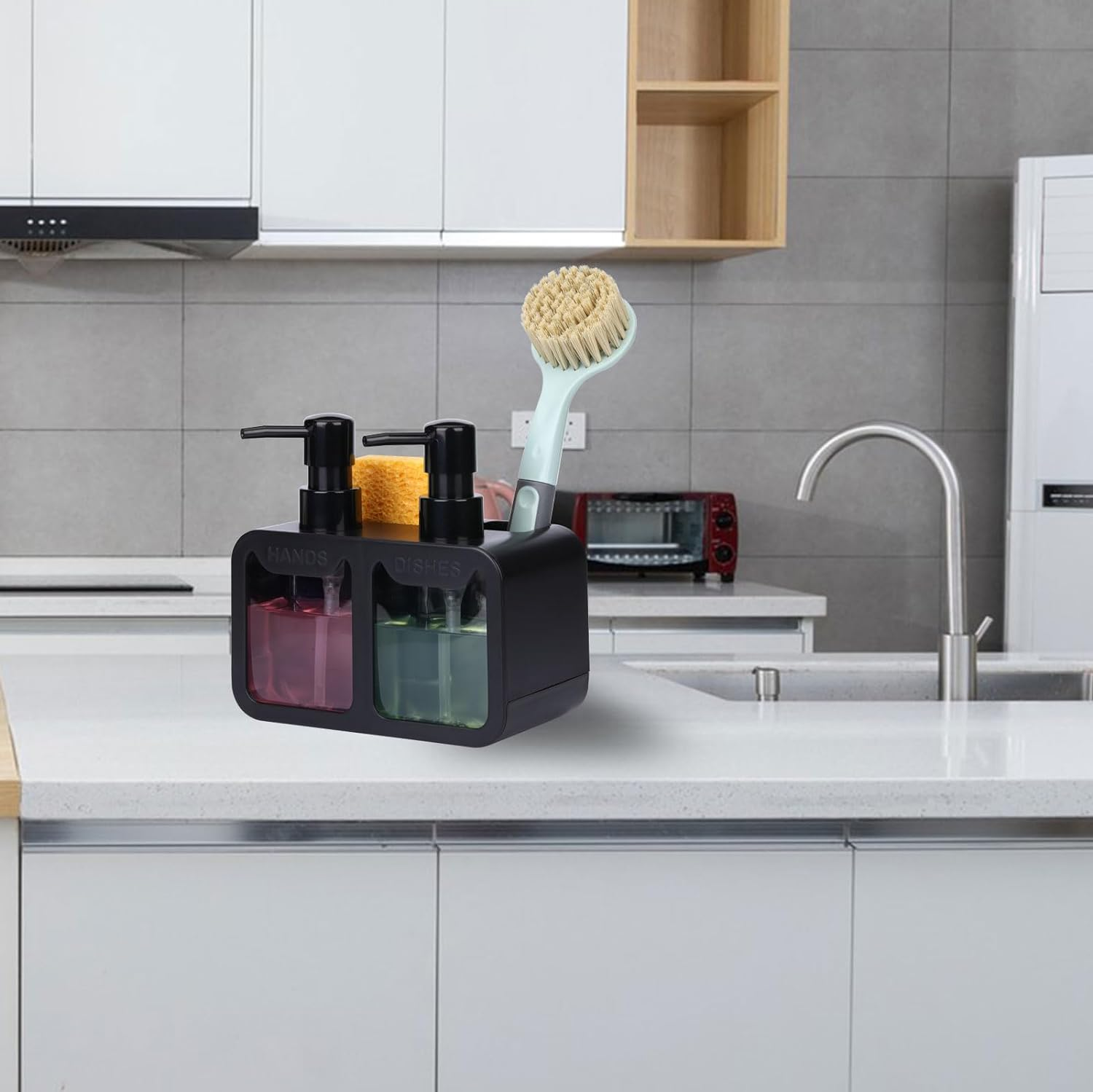 Dish Soap Dispenser for Kitchen Countertop with Sponge Caddy and Brush Holder - Refillable Non-Slip Dual Pump 4-In-1 Dispenser Soap Dispenser for Kitchen Sink, Essential Kitchen Gadgets &ndash; Black image number 2