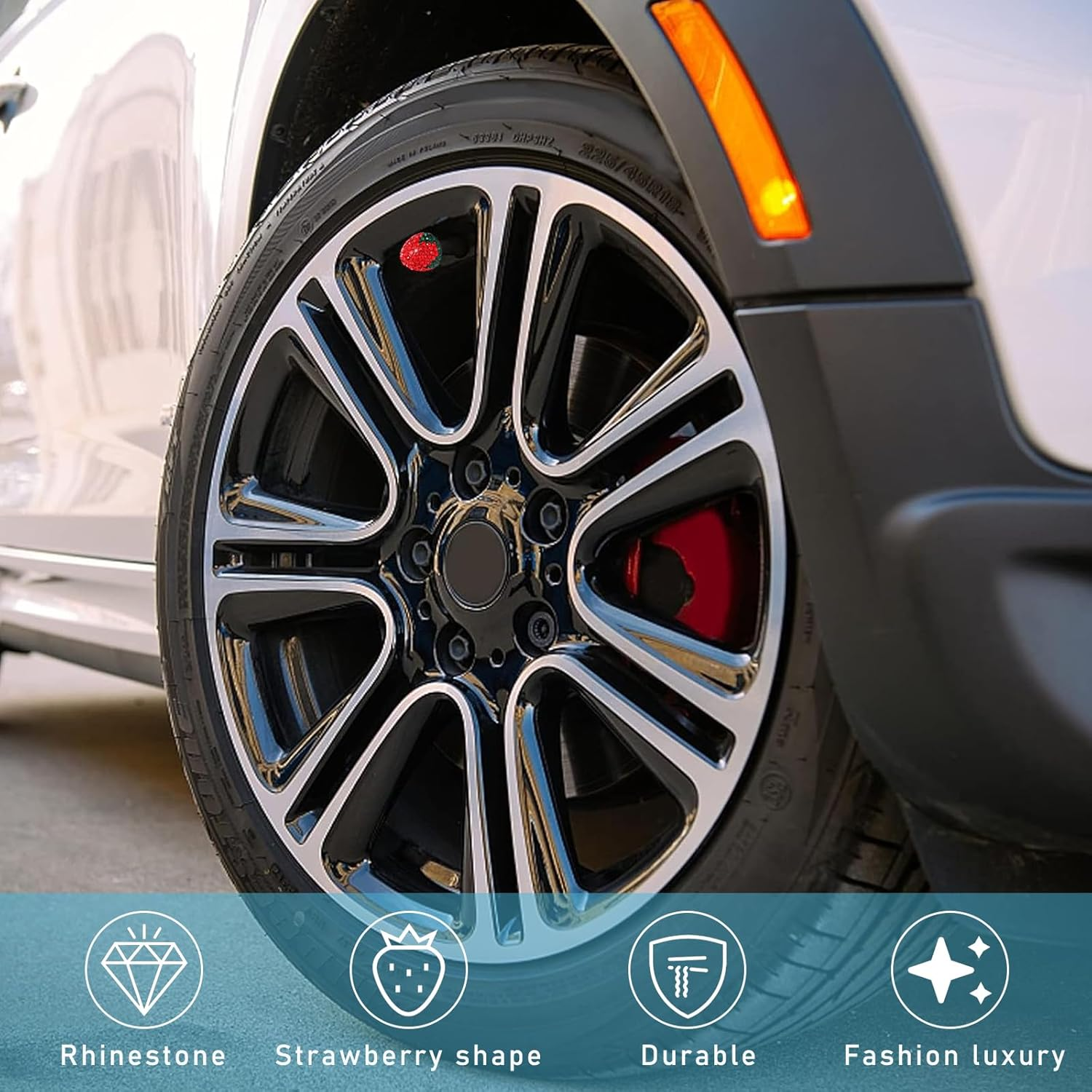 Ziciner 4PCS Strawberry Car Tire Valve Stem Caps, Bling Crystal Rhinestone Tire Valve Stem Covers, Dustproof Wheel Valve Covers for Women, Universal Car Accessories for Most Vehicles (Red)