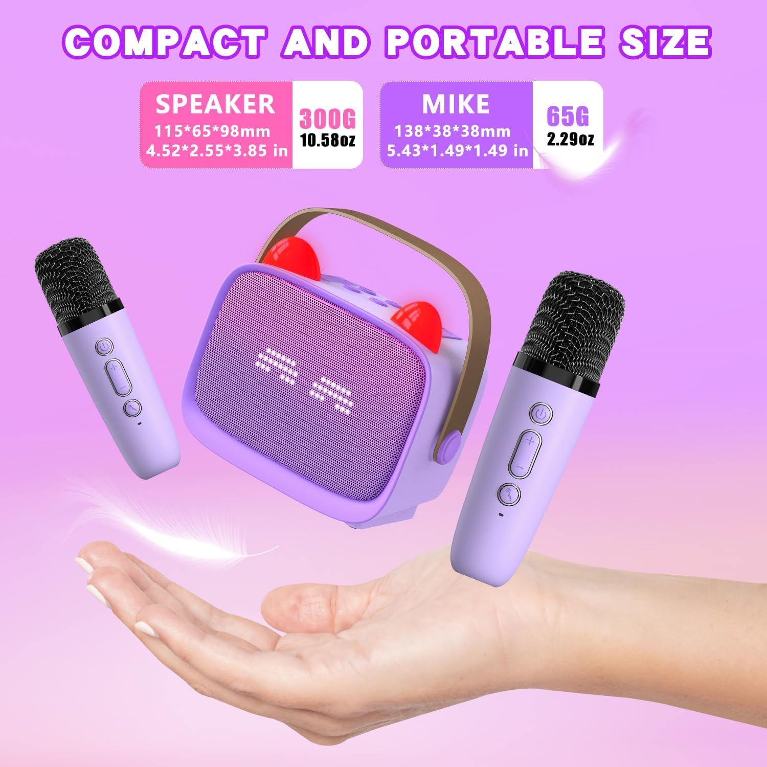 Mgaolo Upgraded Mini Karaoke Machine Toy for Kids, Portable Bluetooth Speaker with 2 Wireless Mics, Emoji & Colorful LED Lights, Home Travel & Party Play Gifts for Boys Girls (Purple) - Blue image number 5