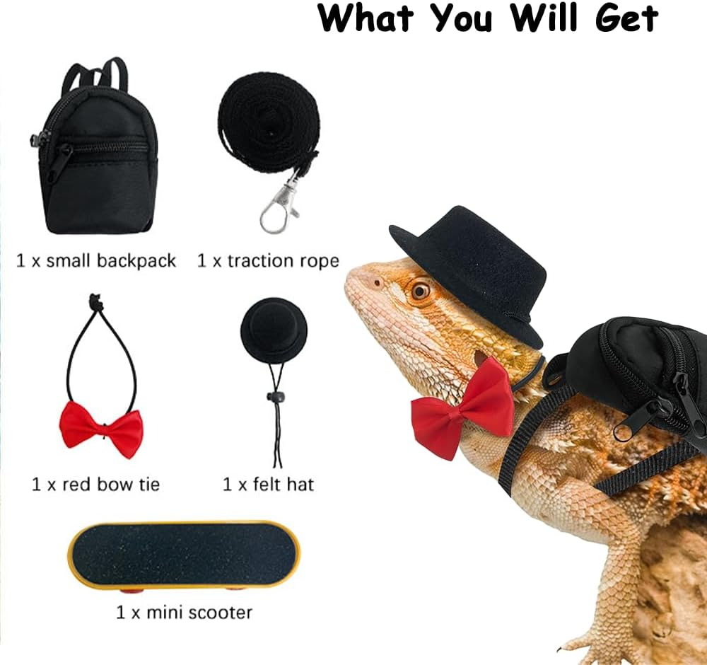 5 Pack Bearded Dragon Harness Set,With Adjustable Backpack Hat Bow Tie & Mini Skateboard Toy,Reptile Adventure Kit for Outdoor Adventures Lizard Reptile Care image number 2