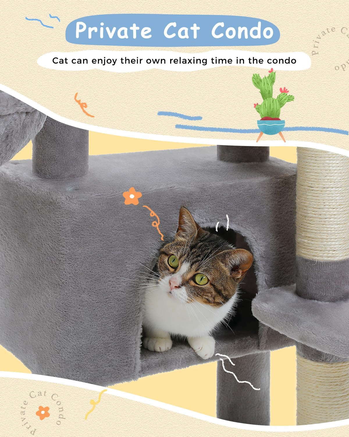PAWZ Road Cat Tree for Indoor Cats, 88Cm Cat Tower with Top Perch, Cozy Hammock, Large Condo, Scratching Posts and Pad, Kitten Climbing and Dangling Ball image number 2