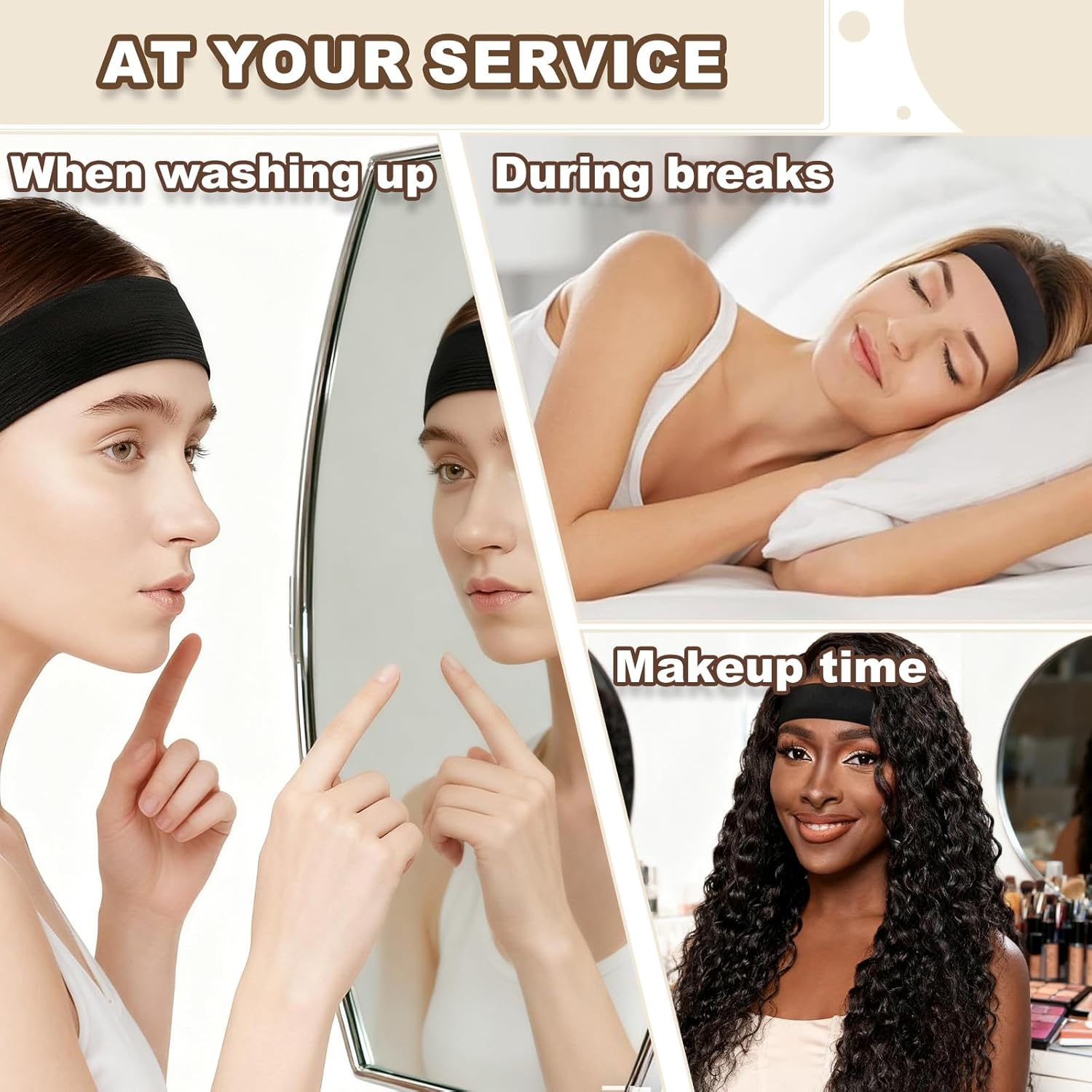 AABDTYYD 3Pcs Black Headband Wig & Wig Grip Cap, Elastic Melting Band with Ear Cut Outs, Comfortable Satin Lace Front Head Band for Secure Natural Hold image number 2