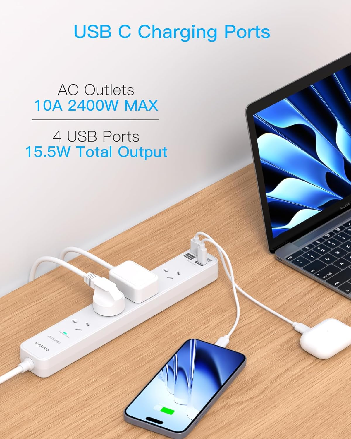 Power Board Surge Protected, 4 Widely Outlets with 4 USB Ports(2 USB a 2 USB C Charging Port), USB Power Board with 1.2M Extension Cord, 900J Surge Protection, Flat Plug, Wall Mount for Home Office image number 1